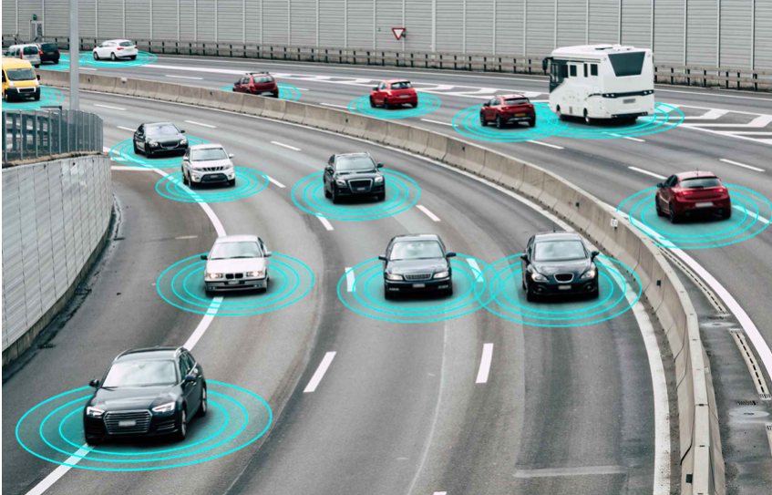 Autonomous vehicles on a highway with sensor overlays