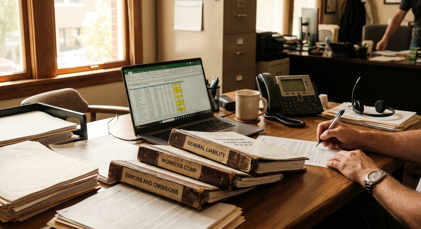 Production office desk with multiple insurance policy binders labeled General Liability, Workers Comp, Producers Package, and Errors and Omissions