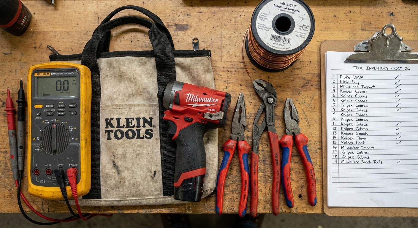 Electrical contractor's hand tools, meters, and Klein lineman pliers laid out on a workbench for inventory