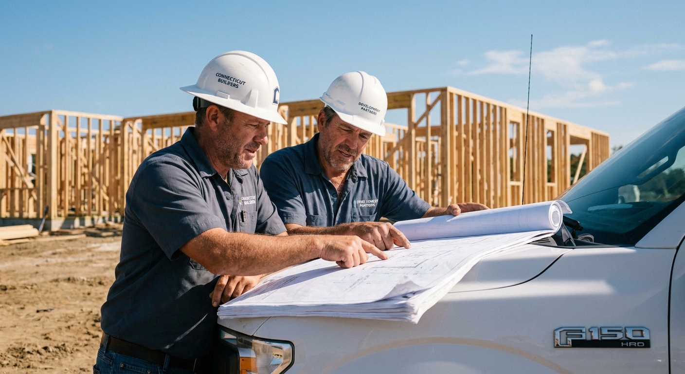 Connecticut contractor and developer reviewing blueprints on a ground up construction site