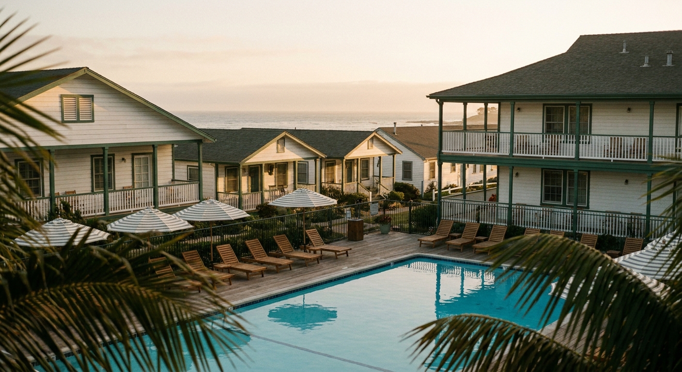 Coastal resort property at golden hour showing the wind and named-storm exposures that influence hotel insurance pricing