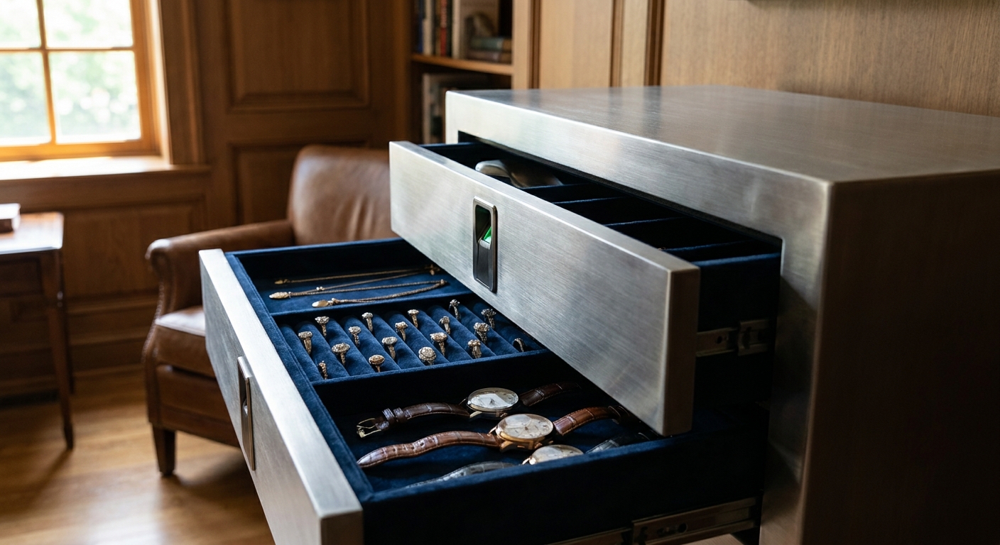 Modern biometric home safe partially open showing organized velvet-lined drawers with fine jewelry and luxury watches