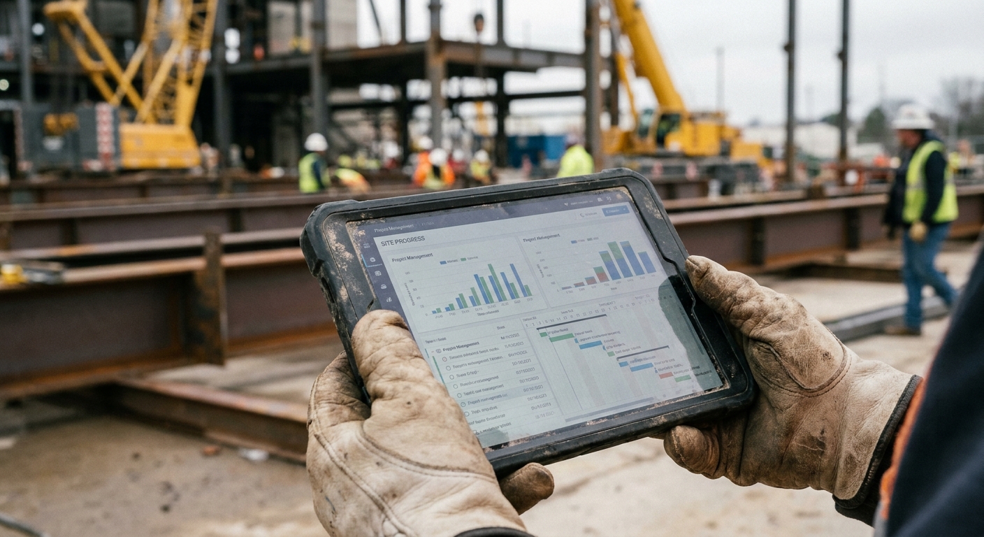 Industrial construction supervisor using a tablet to manage surety bond requirements on a CT job site