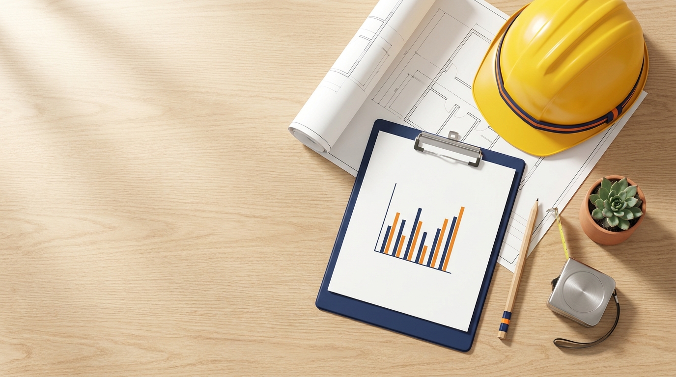 Contractor desk with blueprints, hard hat, clipboard, and tape measure