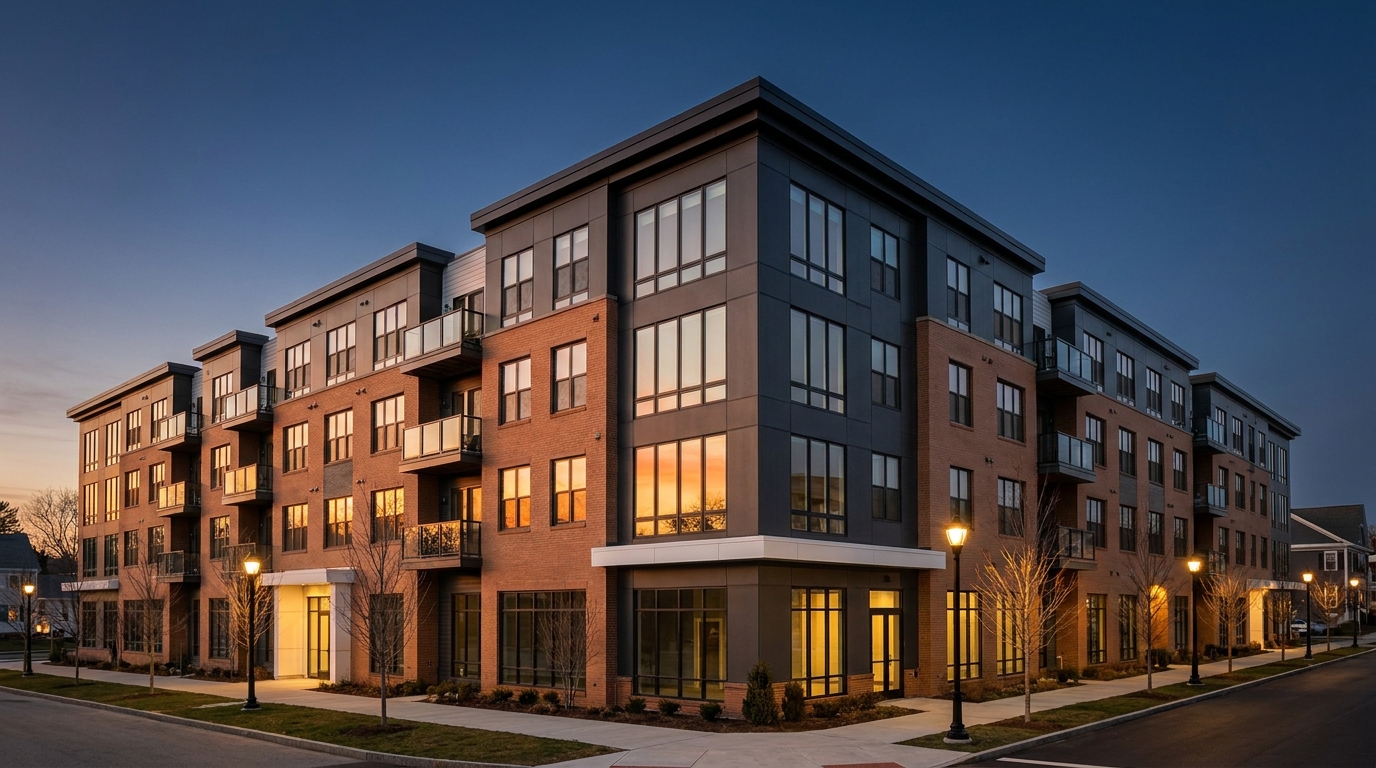 Modern multifamily apartment complex in a New England town at dusk
