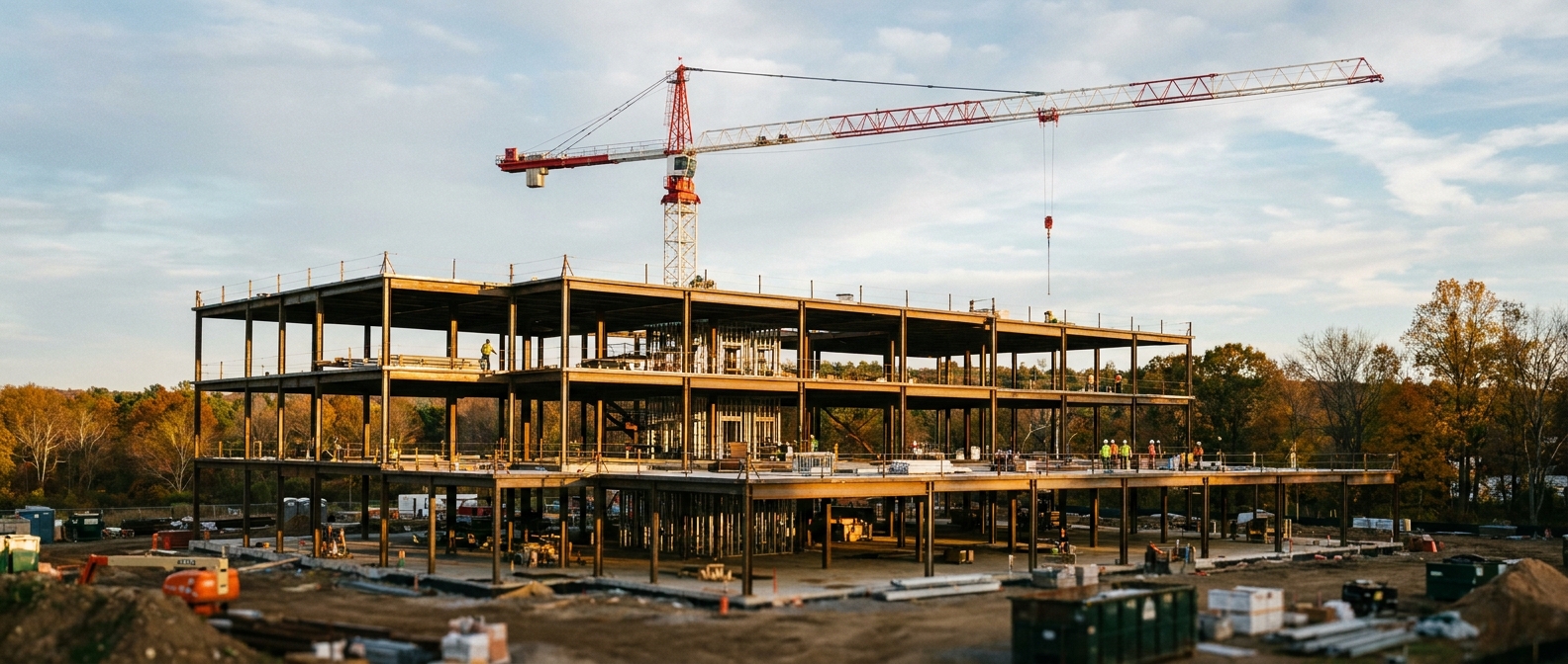 Large commercial ground up construction project in Connecticut with tower crane at golden hour