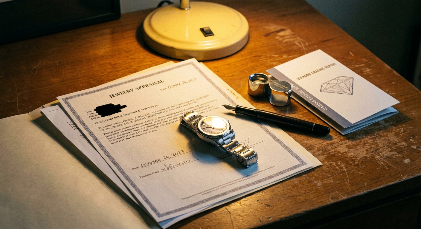 Official jewelry appraisal document and luxury Swiss watch on a wooden desk for scheduling insurance coverage