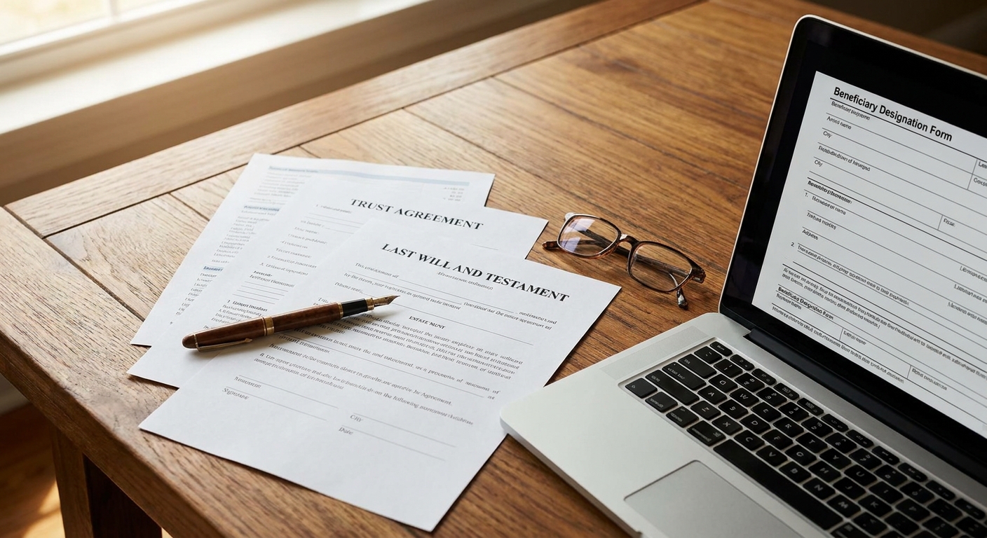 Estate planning documents on a desk with a laptop showing a bond application