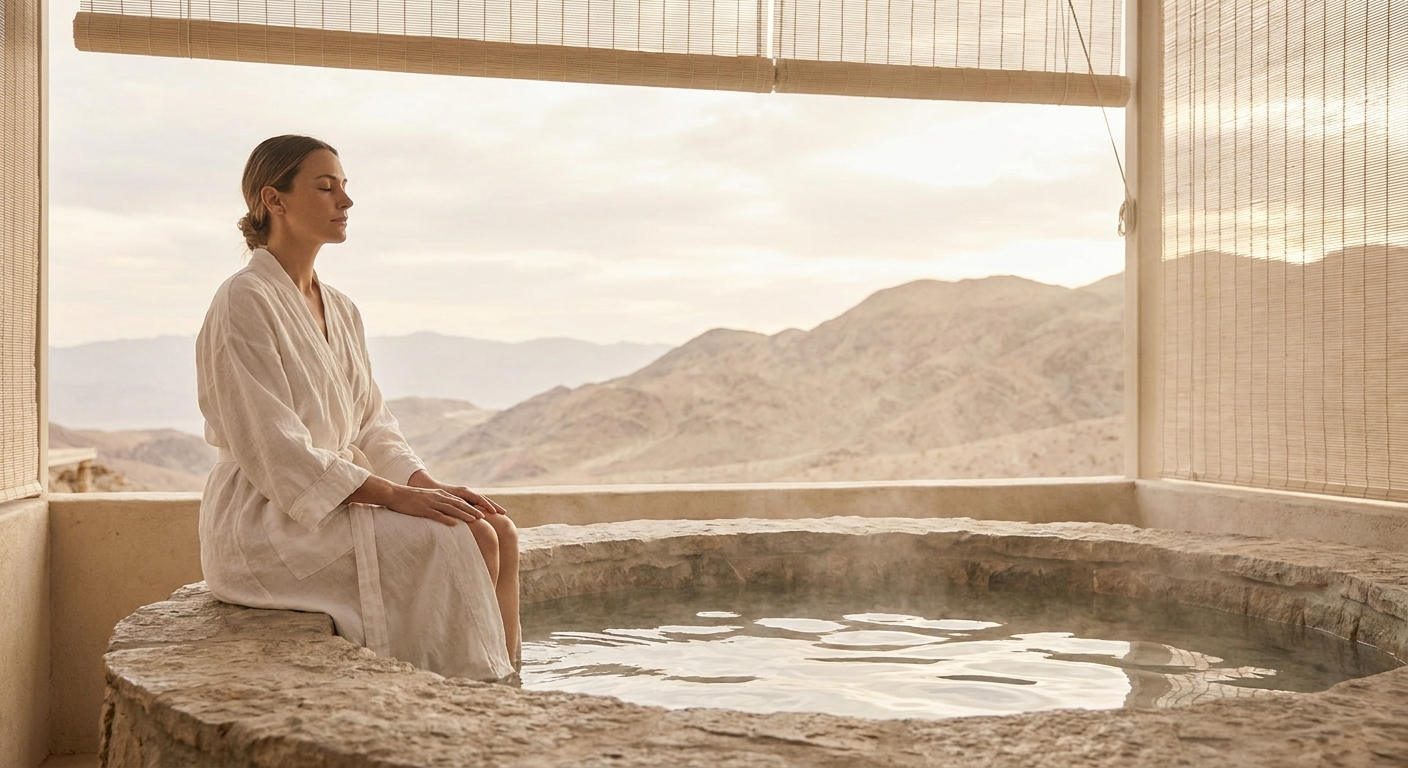 Solo wellness meditation moment at a desert mineral pool