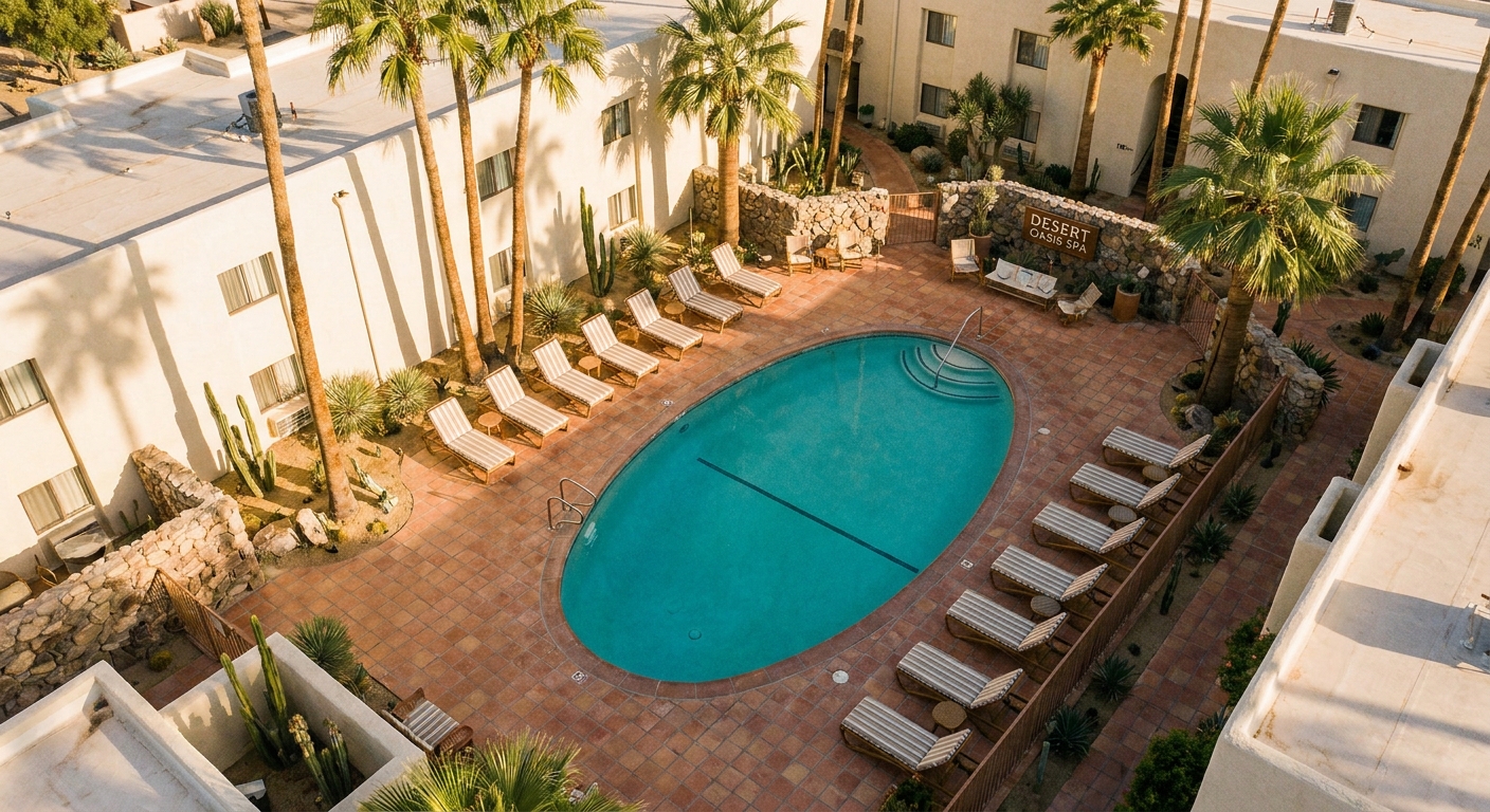 Aerial view of a boutique desert spa resort courtyard