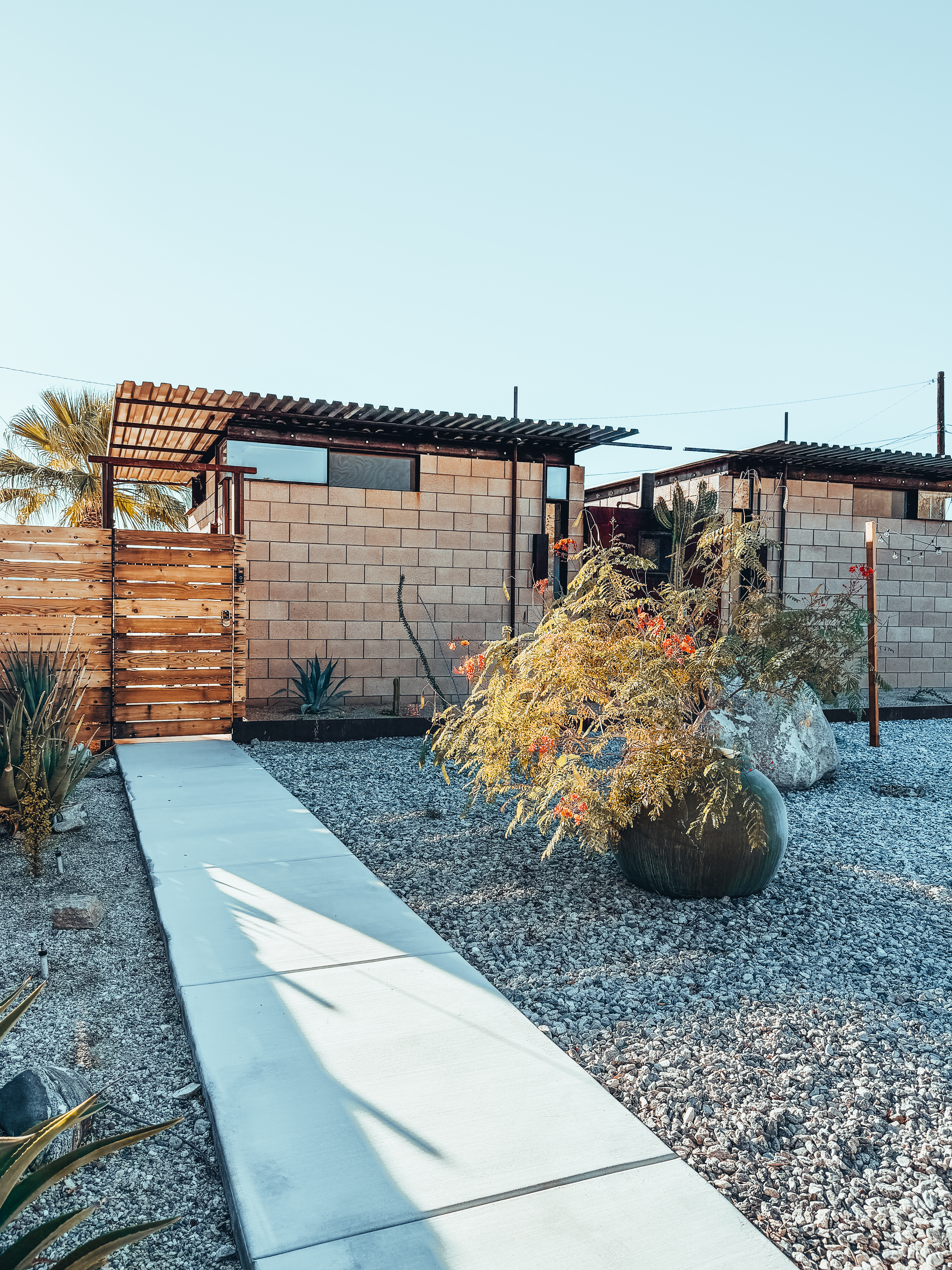 Mid-century desert spa architecture with cinder block walls and wood pergola
