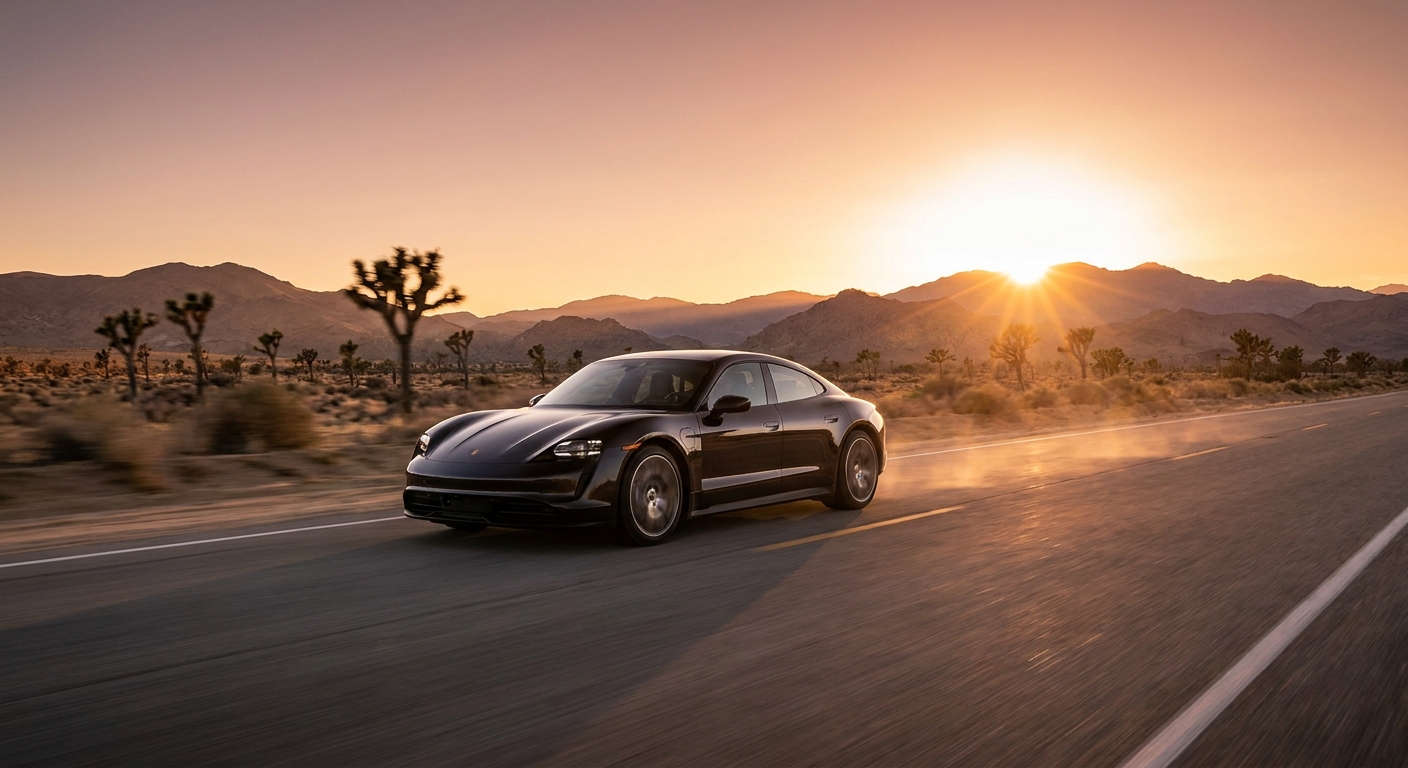 Open desert highway at golden hour