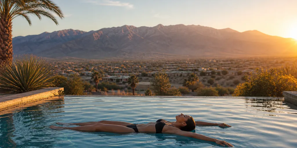 Woman floating in a Desert Hot Springs pool overlooking the San Jacinto Mountains at sunrise
