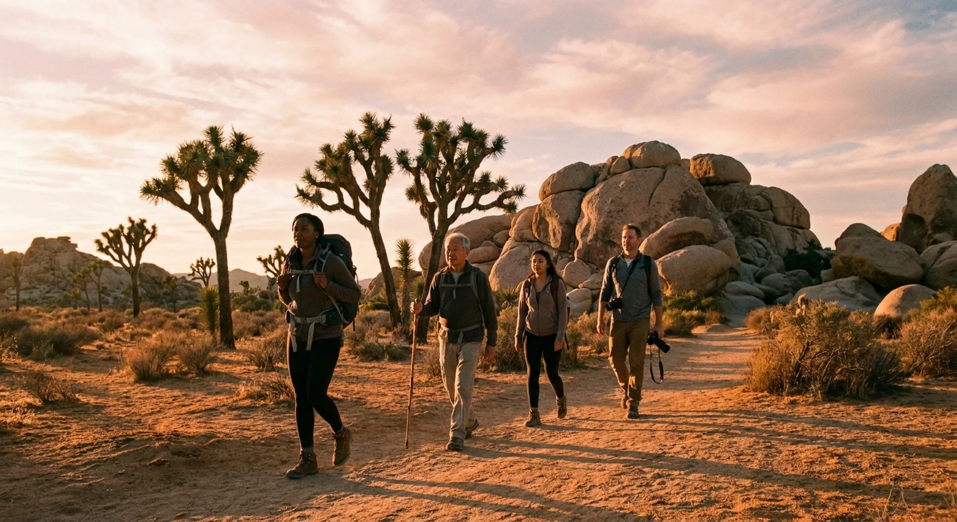 A diverse group of adult hikers walking along a Joshua Tree National Park trail at golden hour, with Joshua trees and granite boulders behind them