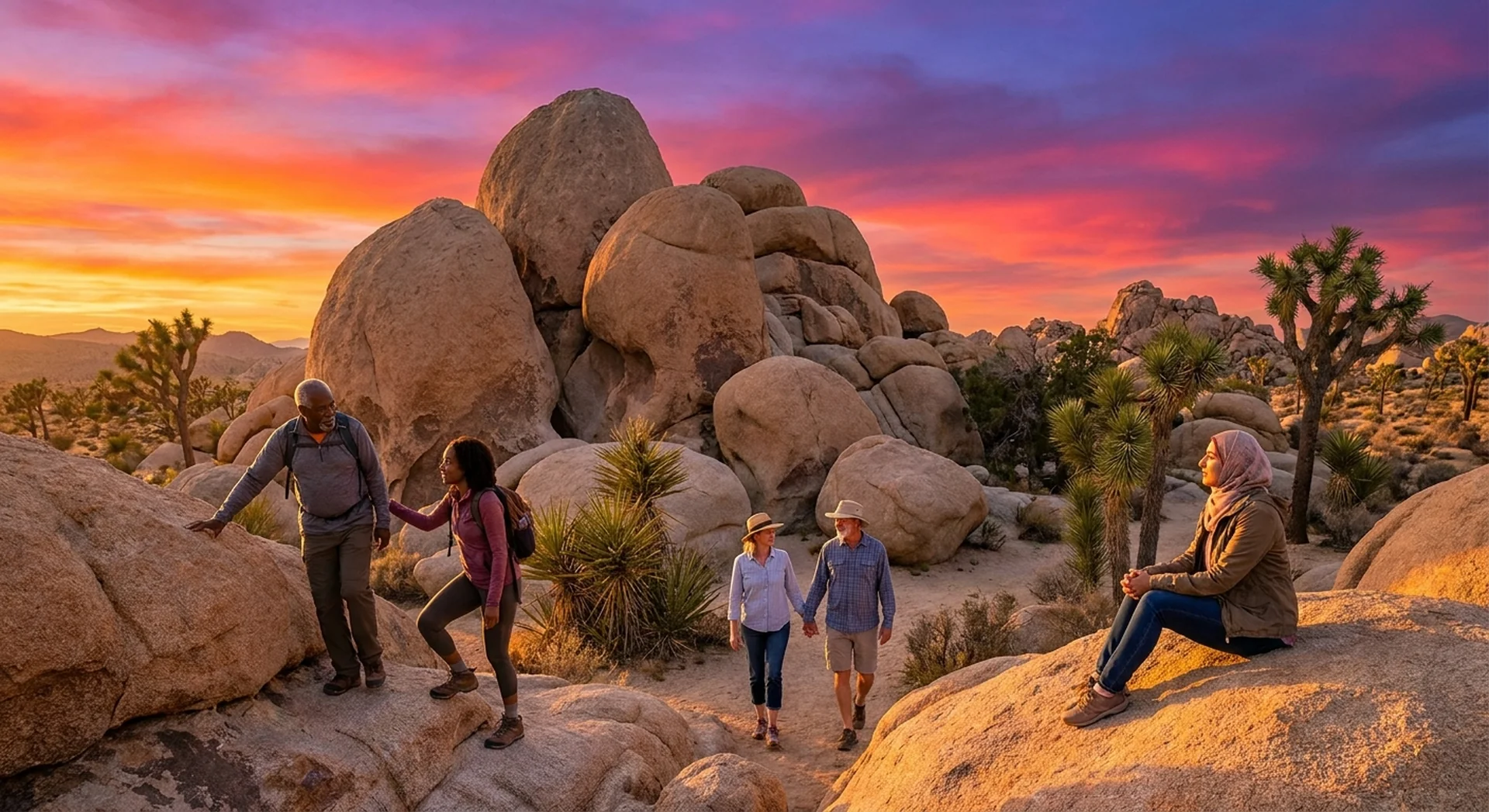 Diverse adult travelers relaxing on warm-toned granite boulders at sunset in Joshua Tree National Park