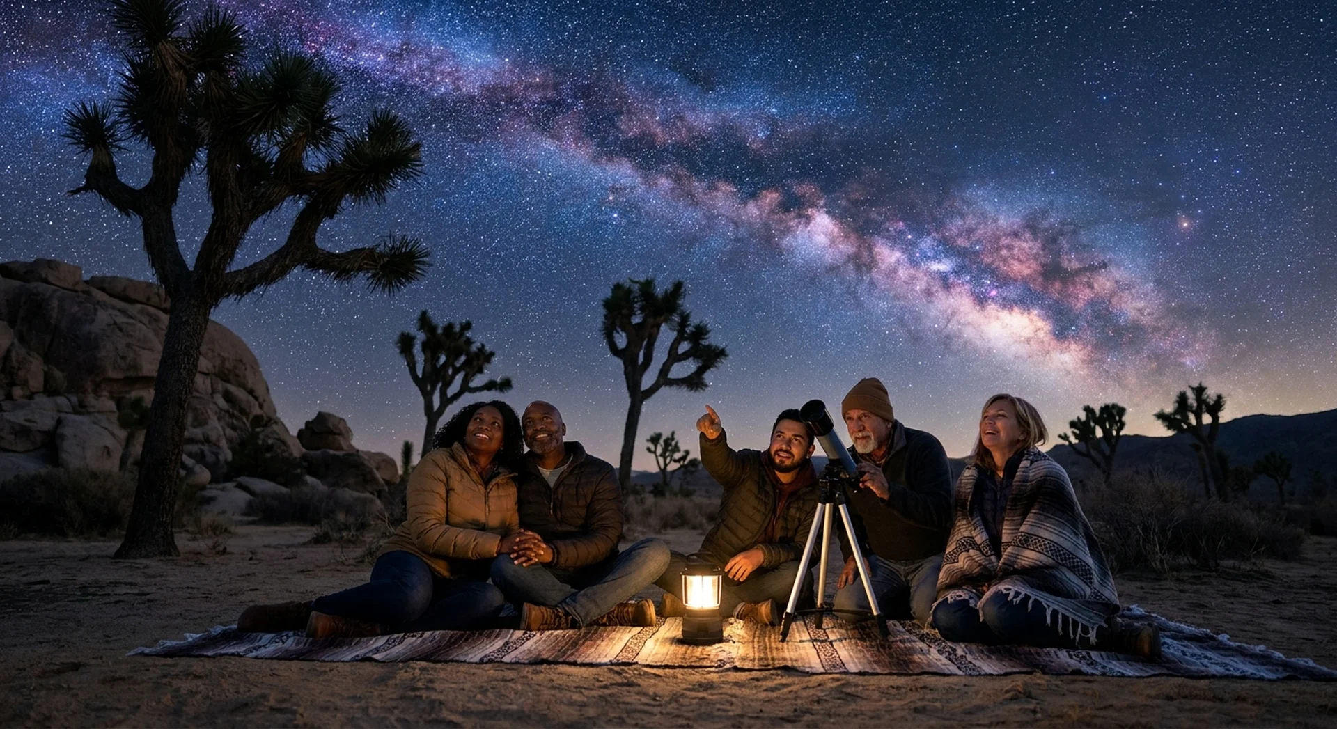 A diverse group of adult friends stargazing under the Milky Way in Joshua Tree National Park, with silhouetted Joshua trees and granite boulders