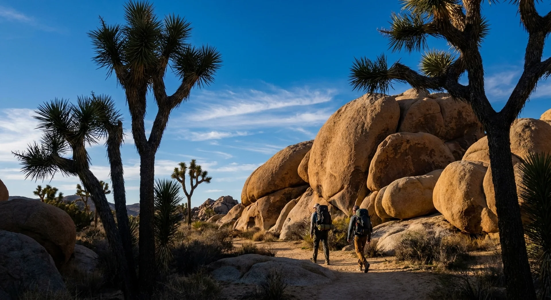Two hikers with backpacks walking a sandy trail between massive caramel-colored granite boulders in Joshua Tree National Park