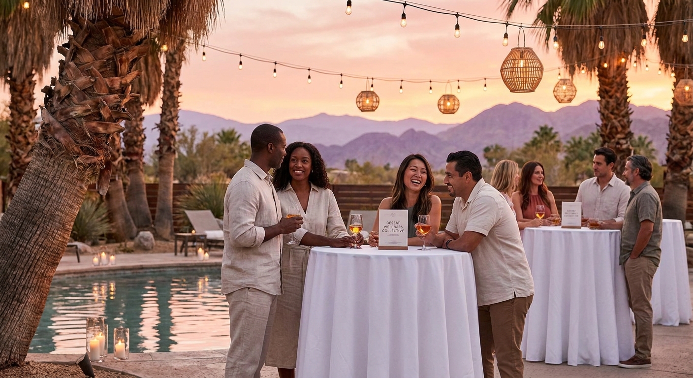 Diverse adults enjoying a sunset reception event at a Miracle Hill Spas property