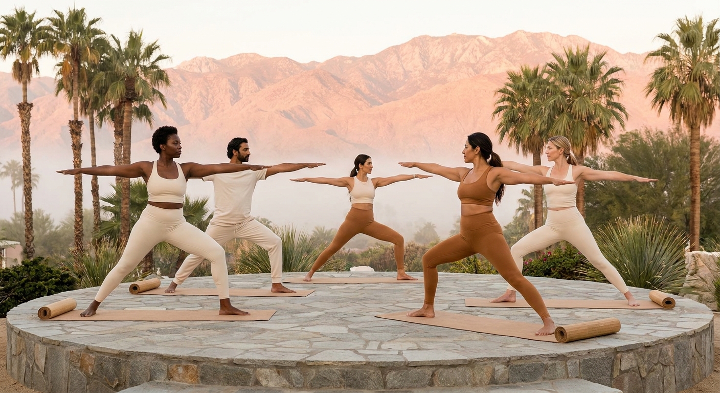 Diverse adults practicing sunrise yoga on an outdoor deck at a Desert Hot Springs spa