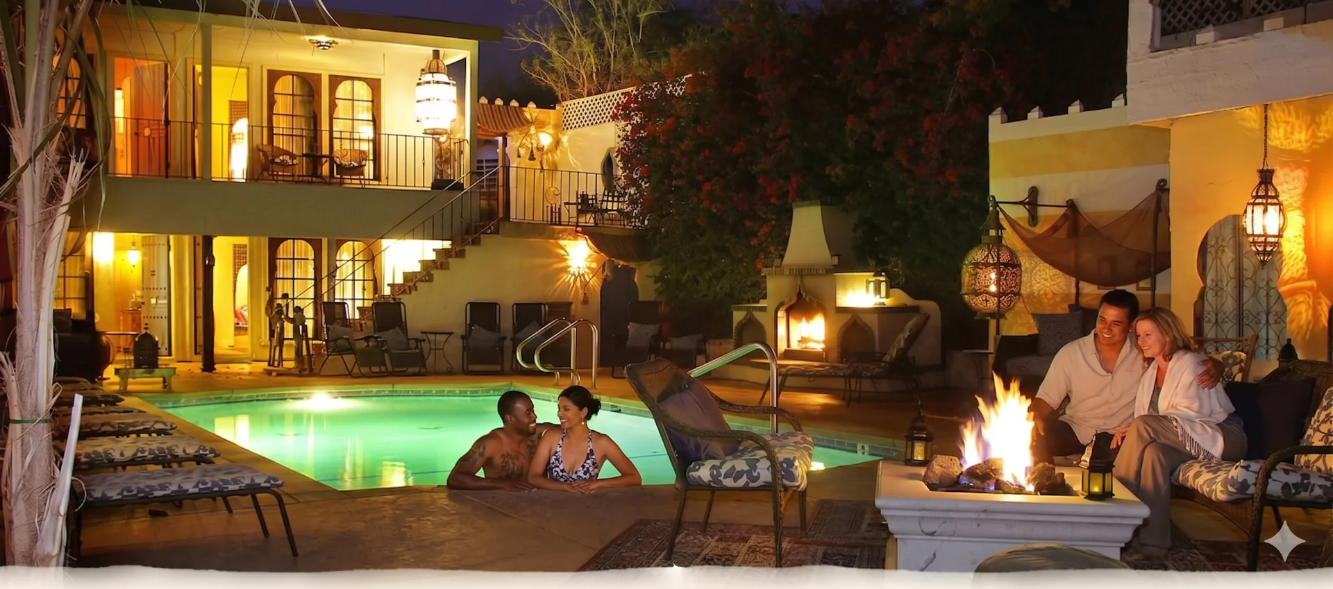 Couples relaxing by a glowing mineral pool and warm fireside lounge at a Miracle Hill spa hotel at night, with Moroccan-style lanterns and lit archways