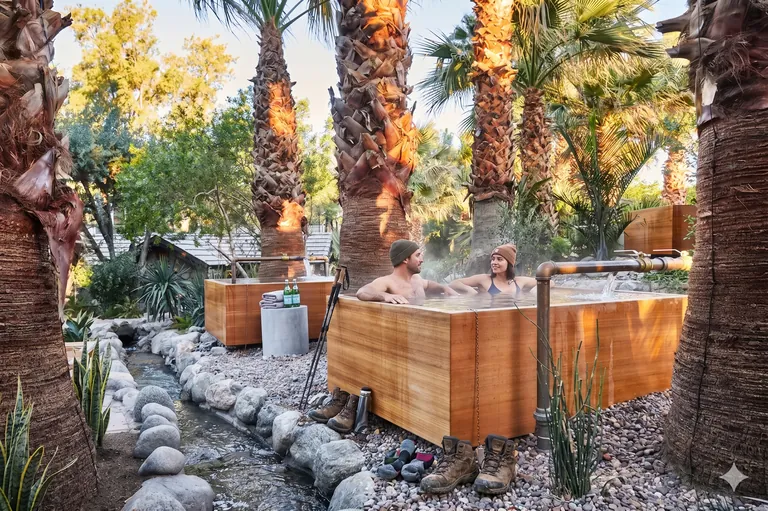Hikers soaking in a wooden hot tub surrounded by palm trees after a day exploring Joshua Tree