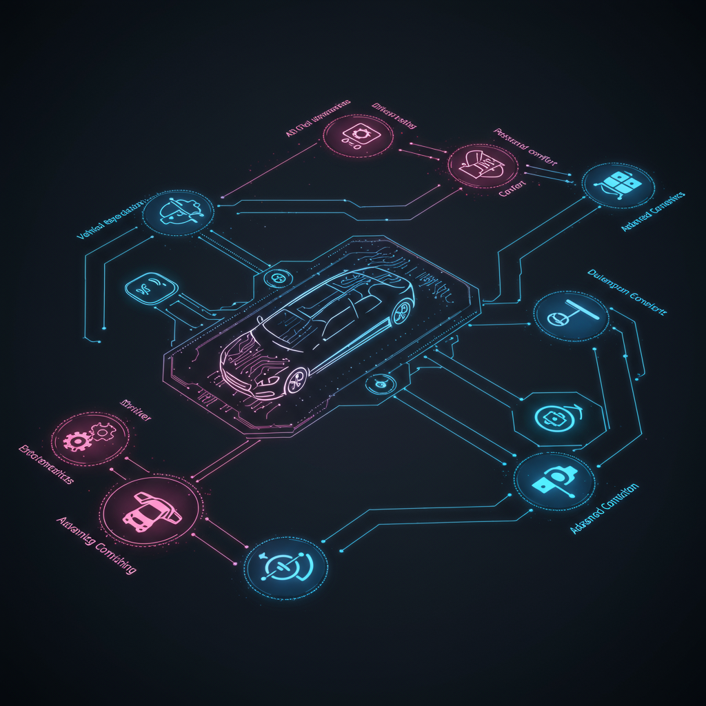 Digital blueprint of AI-driven automotive system with interconnected nodes representing technology and product decisions