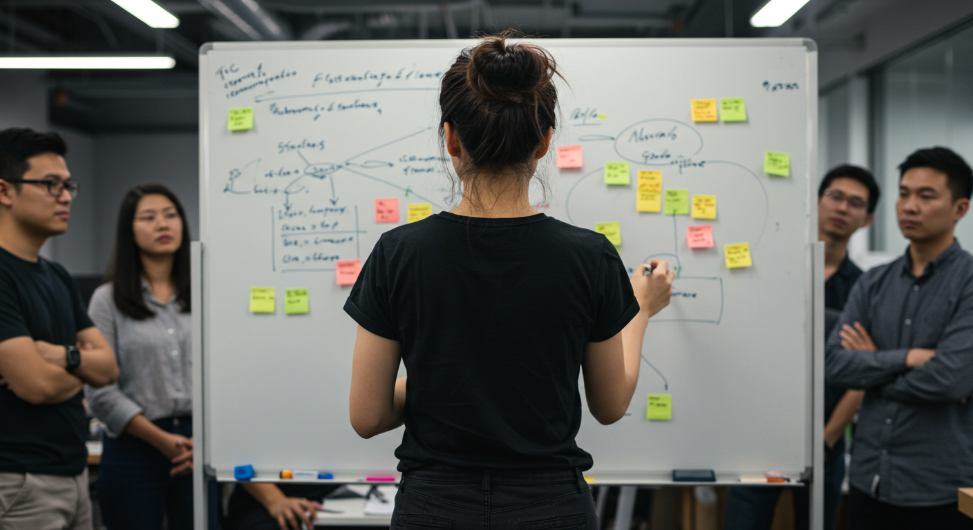 Female Leader on whiteboard with audience