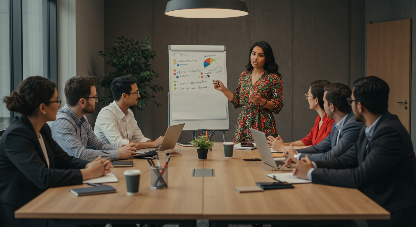 Female Leader on whiteboard in a meeting room with team