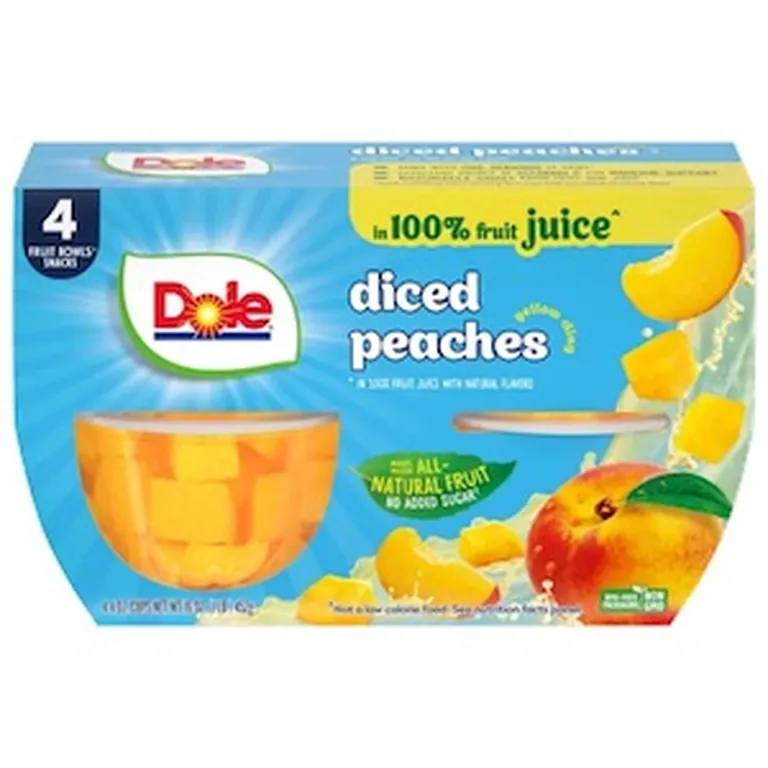 Dole Diced Yellow Cling Peaches in 100 percent fruit juice, four 4-ounce cups