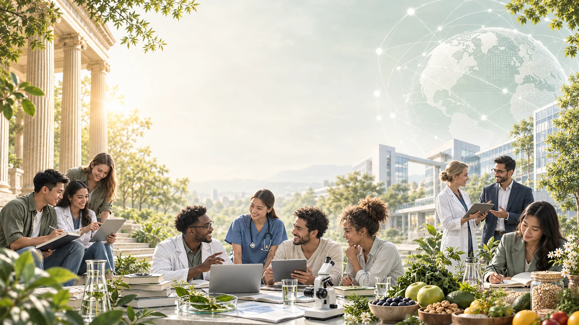 Diverse health, nutrition, research, technology and business professionals collaborating outdoors beside clinical tools, books, plants and fresh foods.
