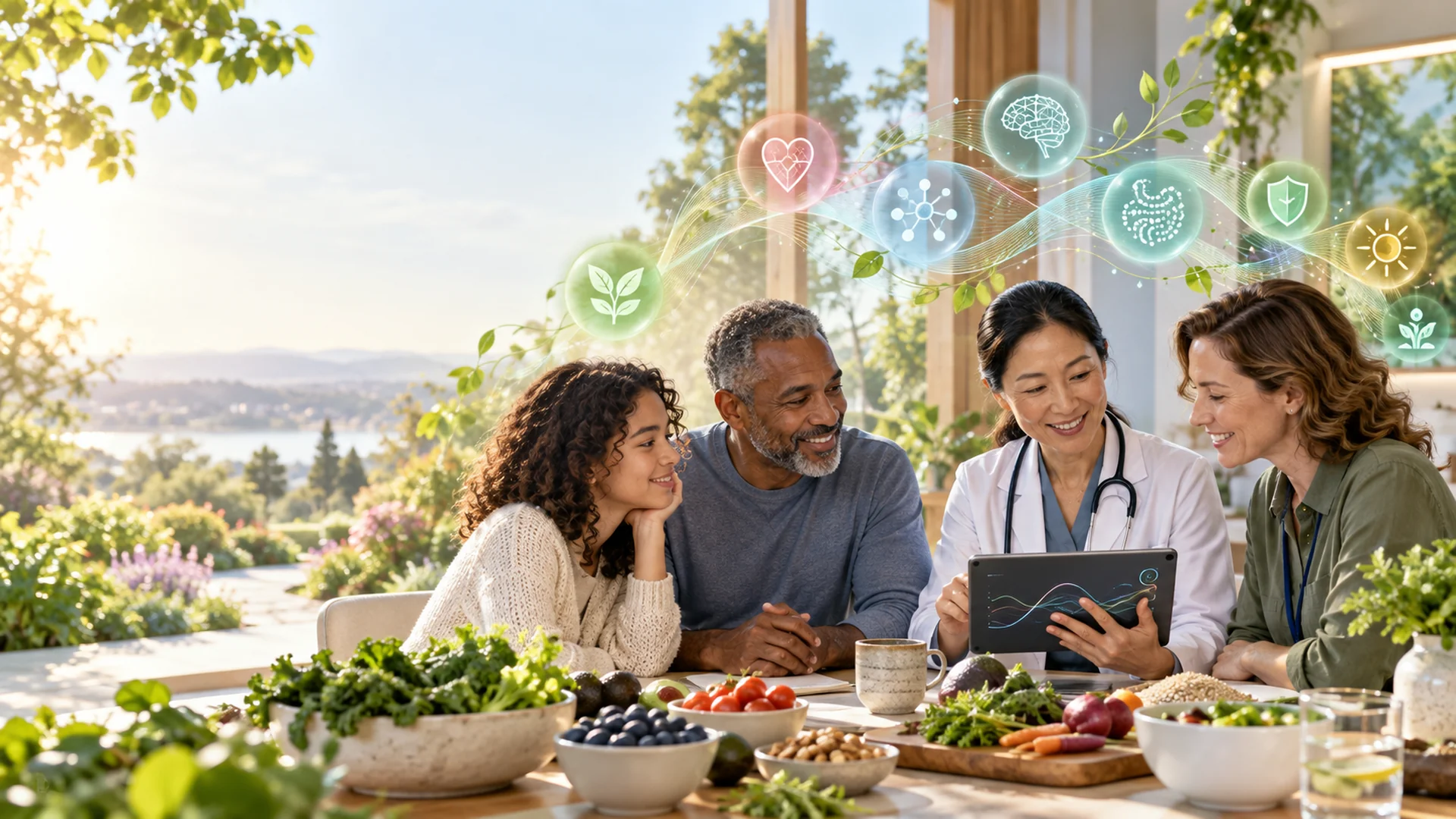 A family meets with a clinician and nutrition professional around fresh whole foods while subtle graphics represent cardiovascular, brain, gut and immune health.