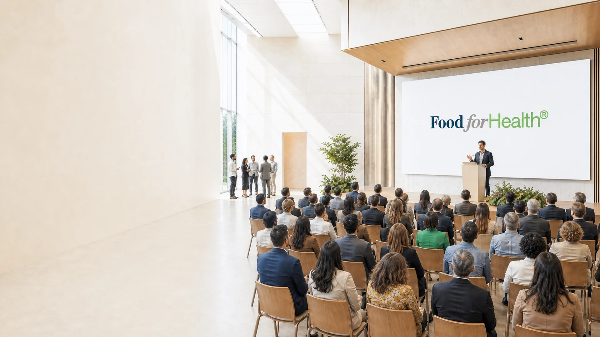 Presenter addressing an audience in a bright Food for Health conference room