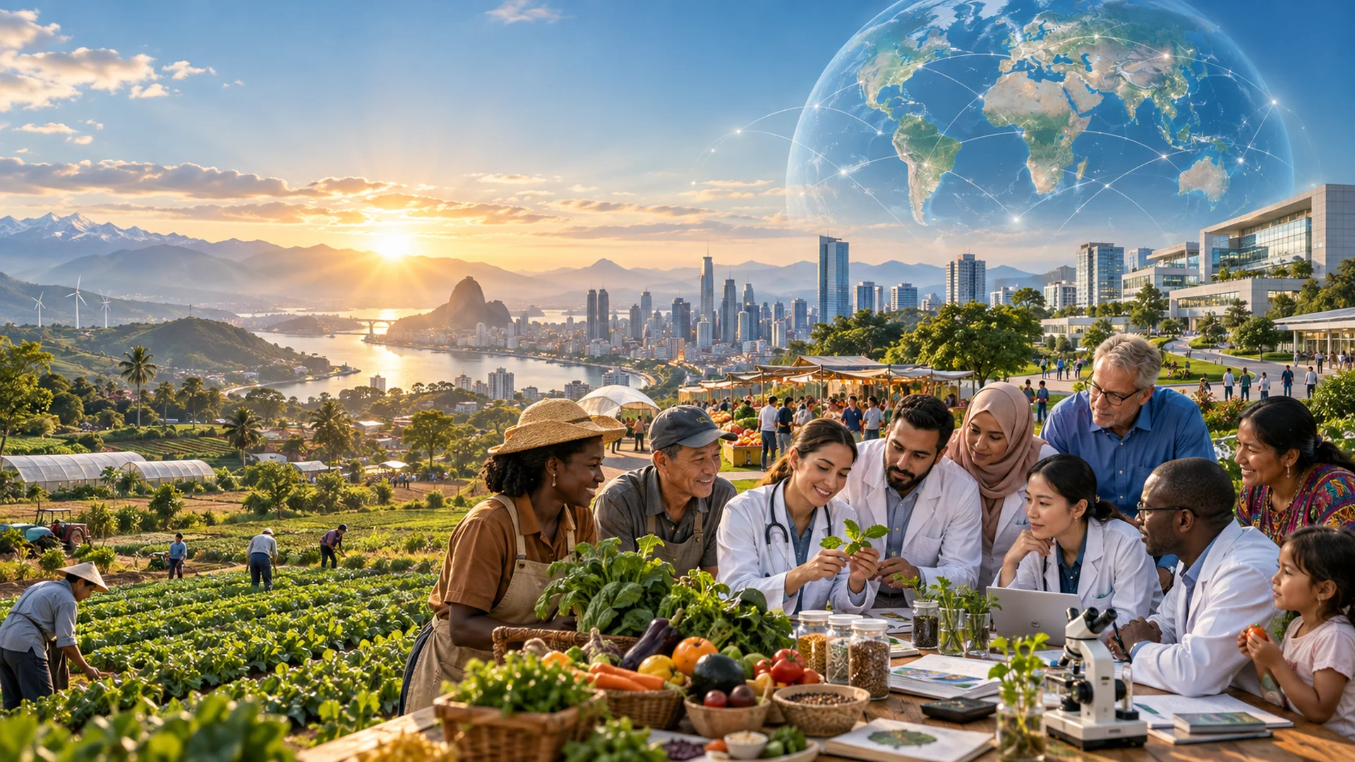 International clinicians, researchers, farmers and community leaders collaborate around fresh foods against a global landscape of agriculture, cities, healthcare facilities and a connected world.