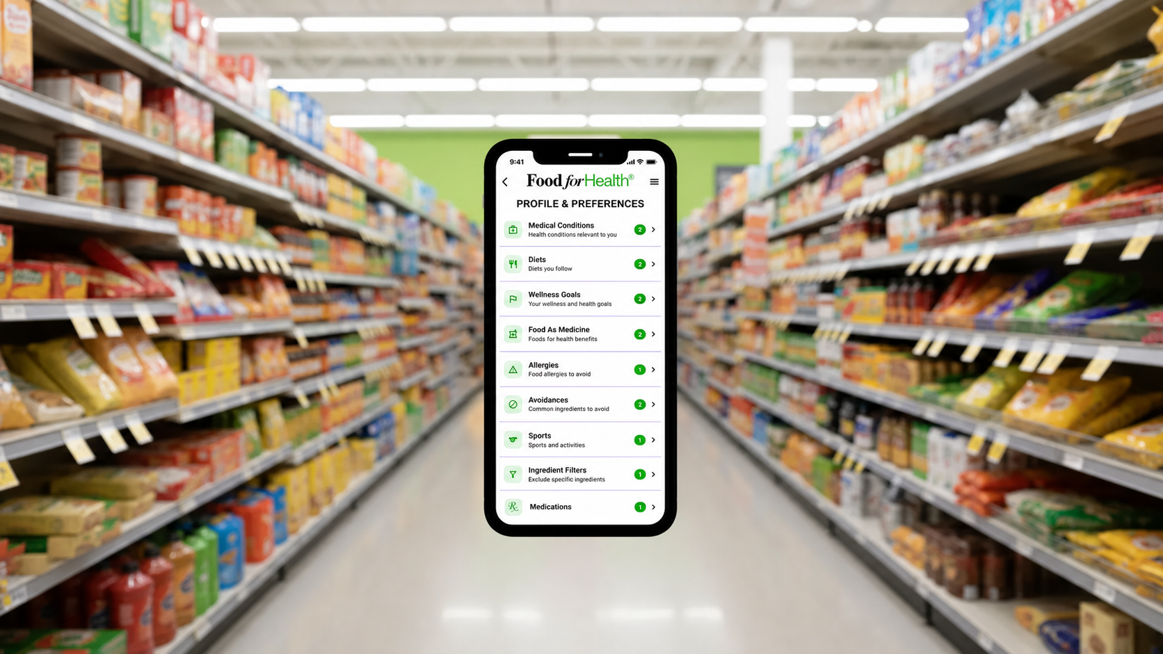 Food for Health app preferences screen floating in a grocery aisle
