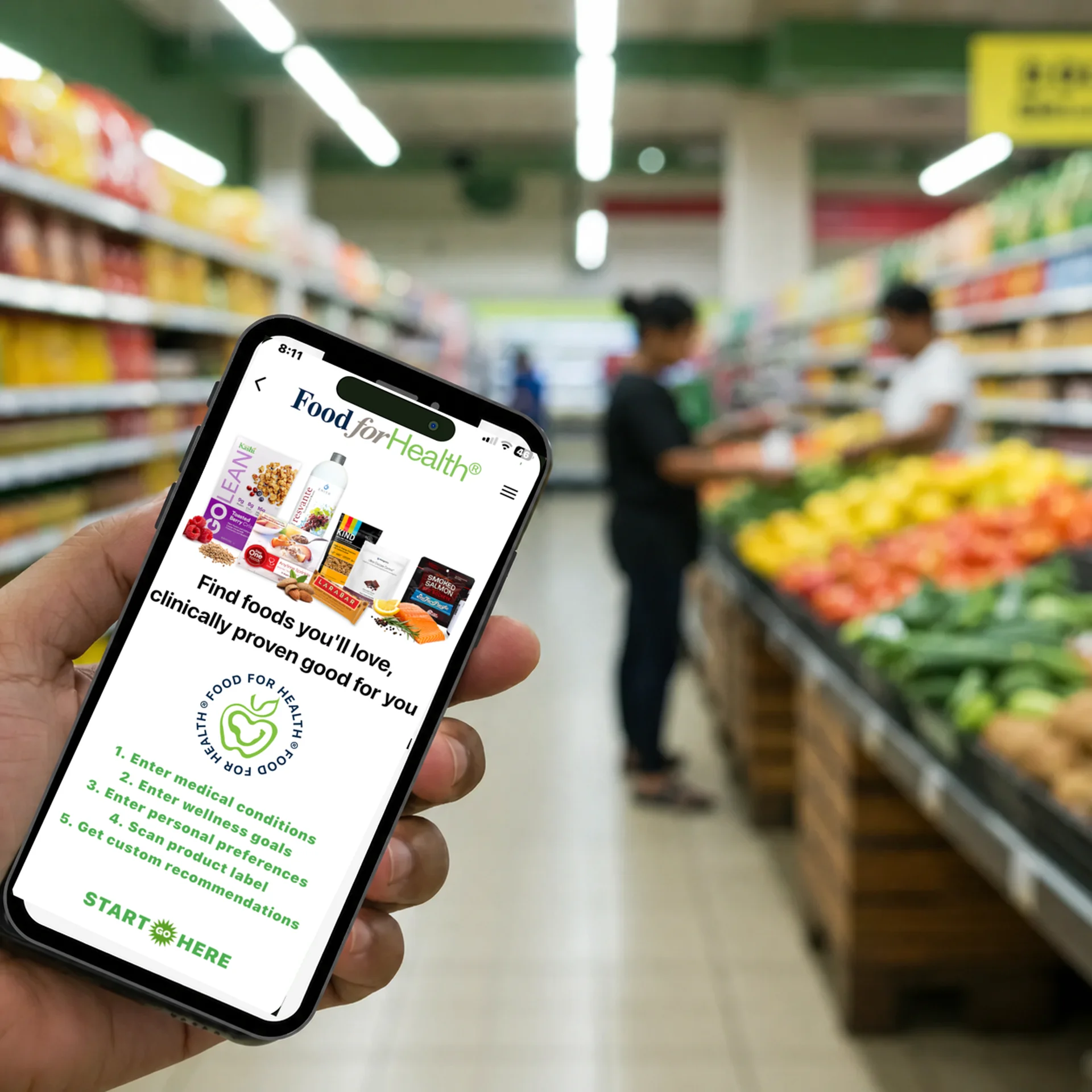 Shopper holding the Food for Health app open to the Start Here screen