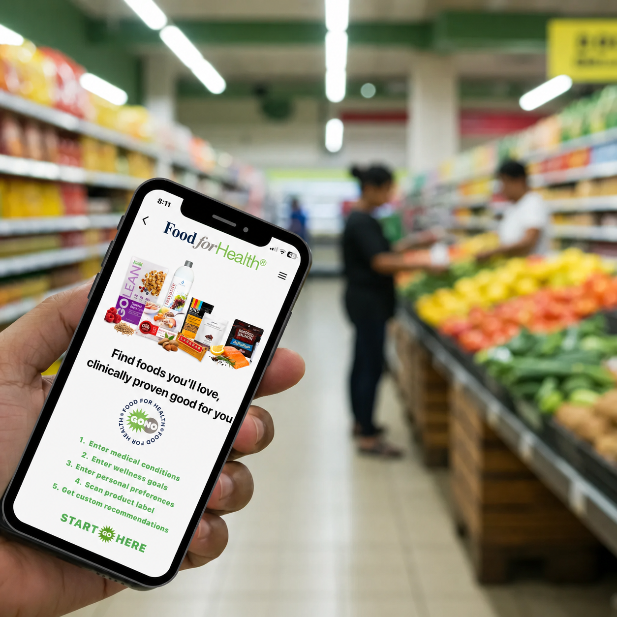 Shopper holding the Food for Health app open to the Start Here screen