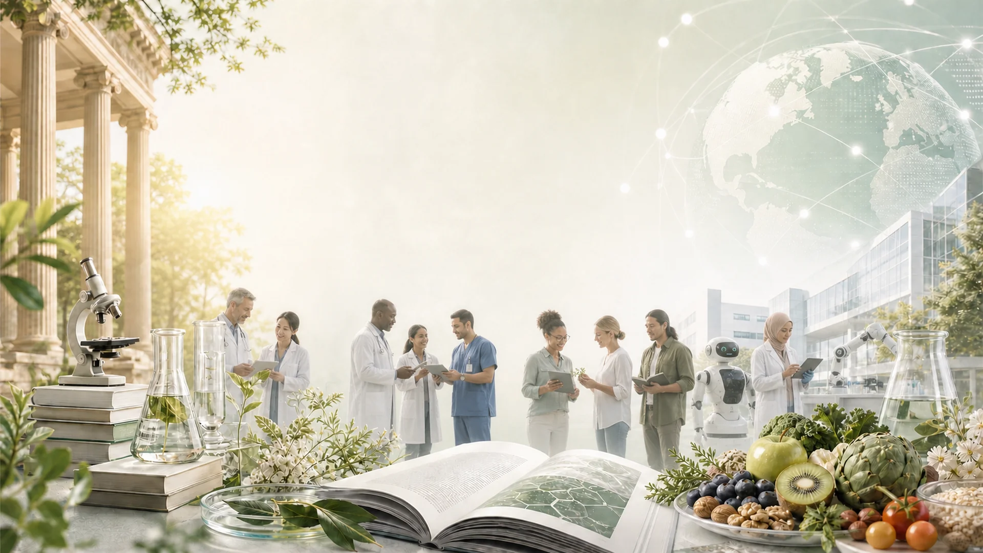 Diverse physicians, scientists, nutrition and public-health professionals collaborating with medical robotics behind crisp books, laboratory tools and healthy foods