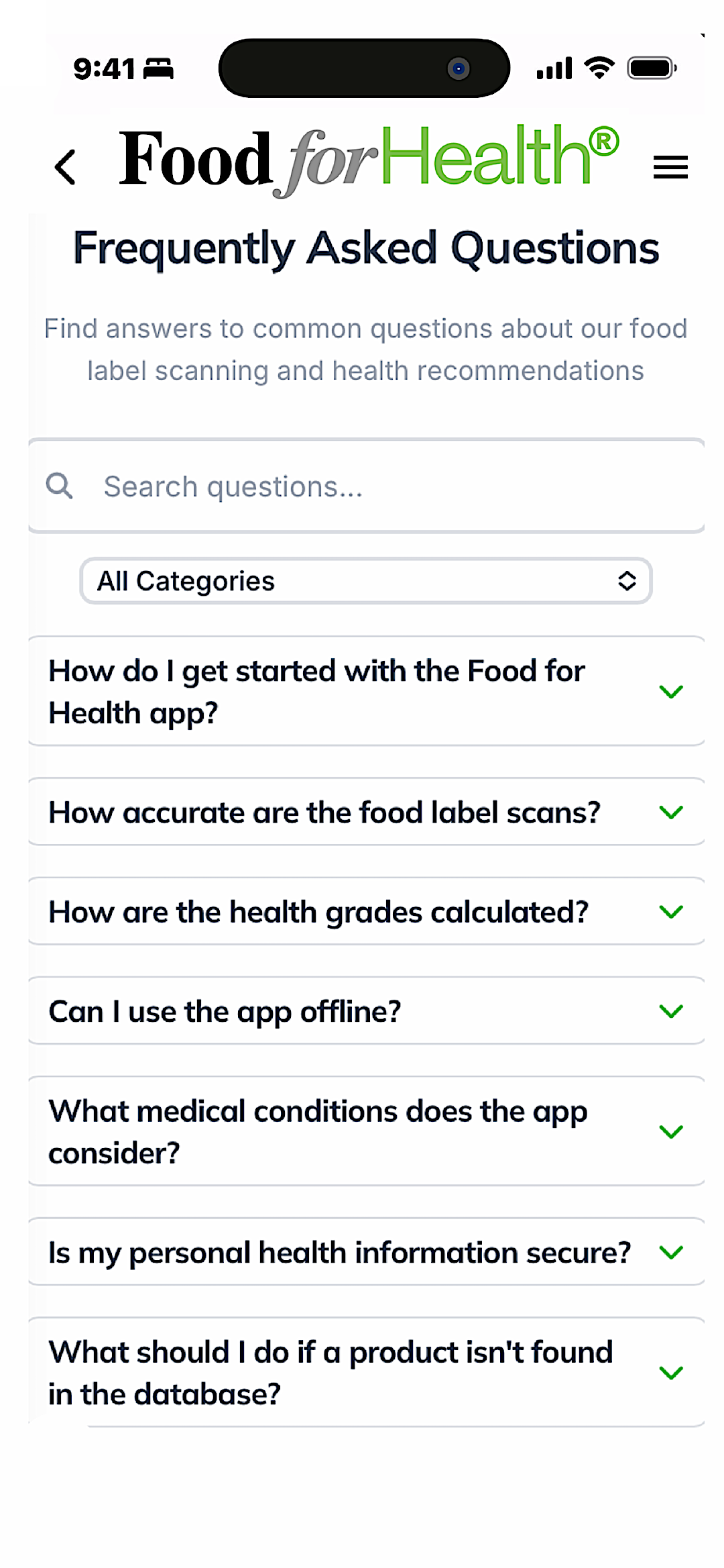 Frequently asked questions screen