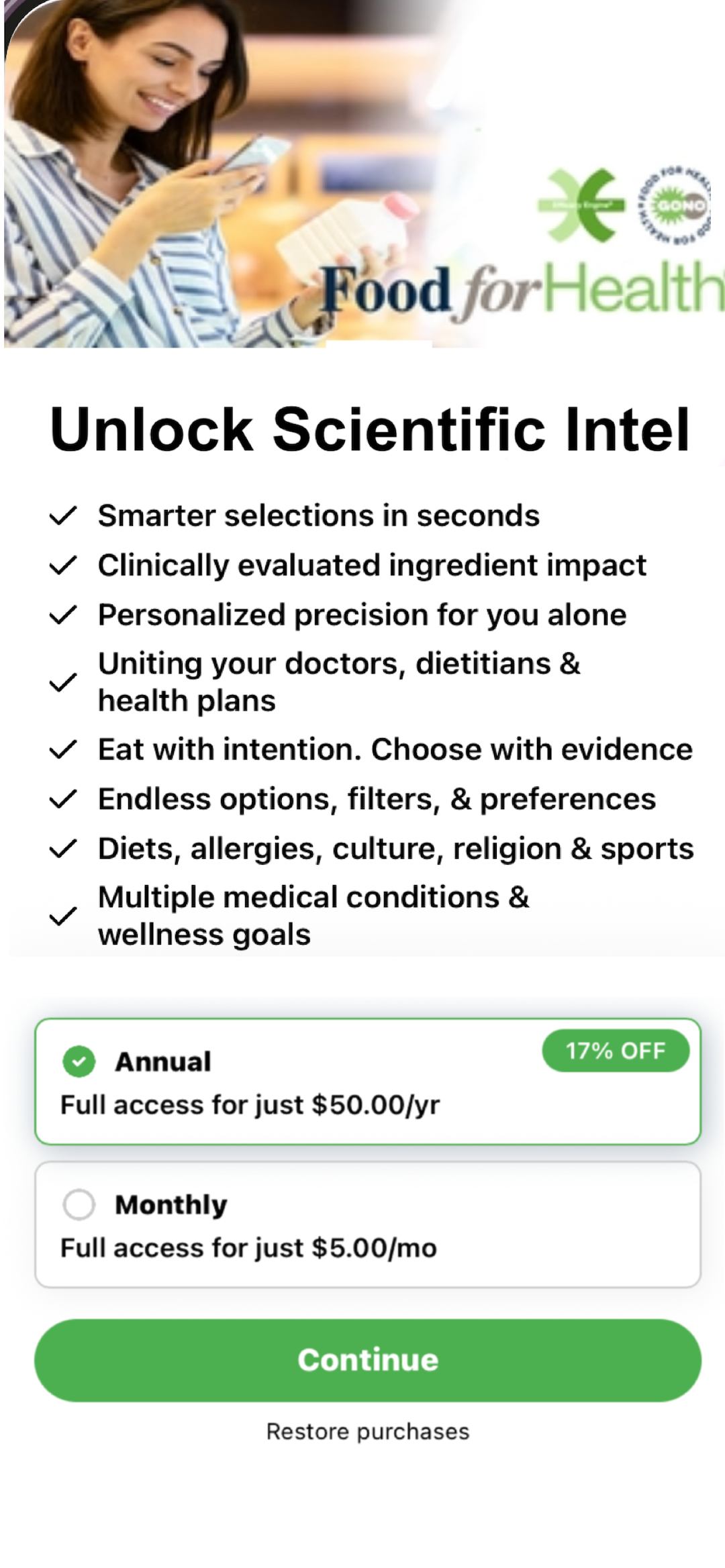 Food for Health app home screen