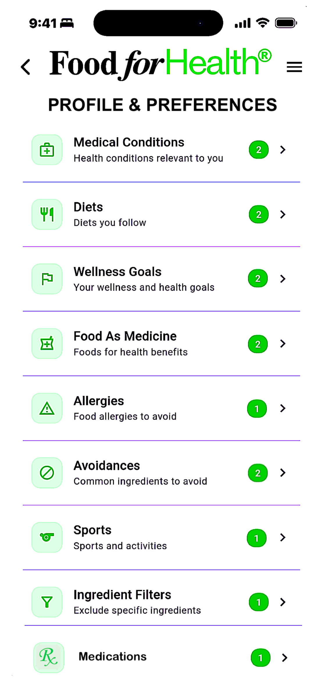 Personal health preferences screen