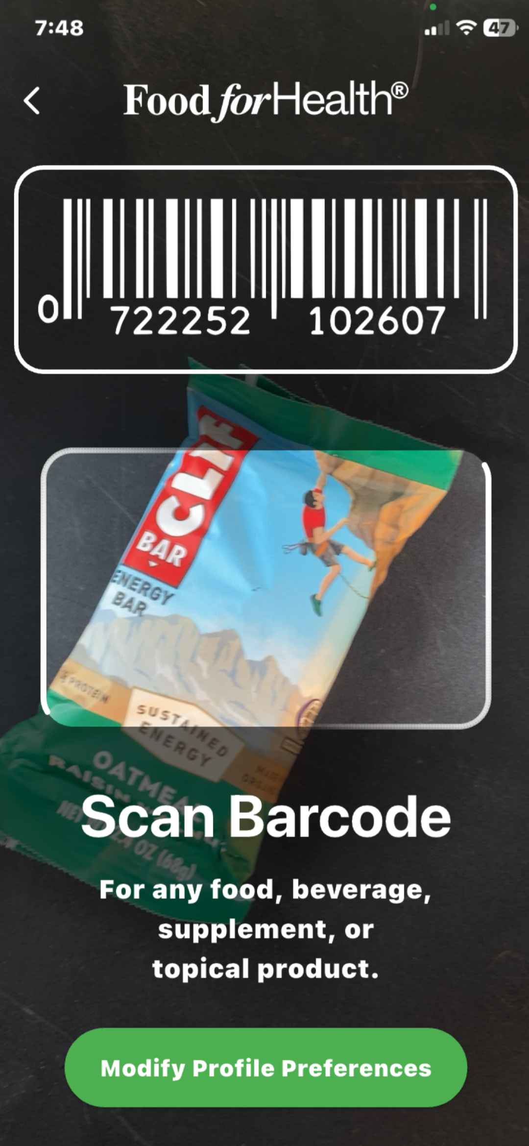 Food barcode scanning screen