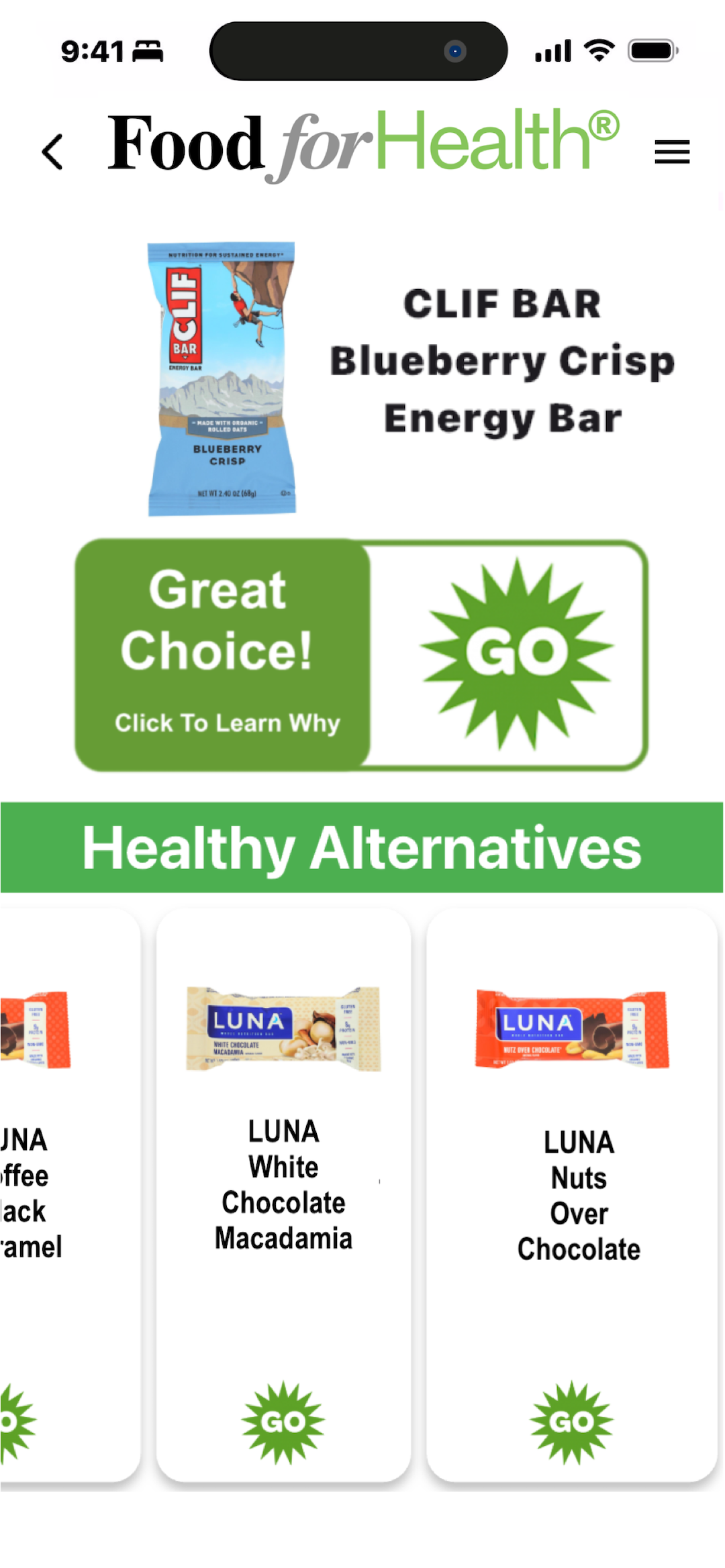 Food results overview screen