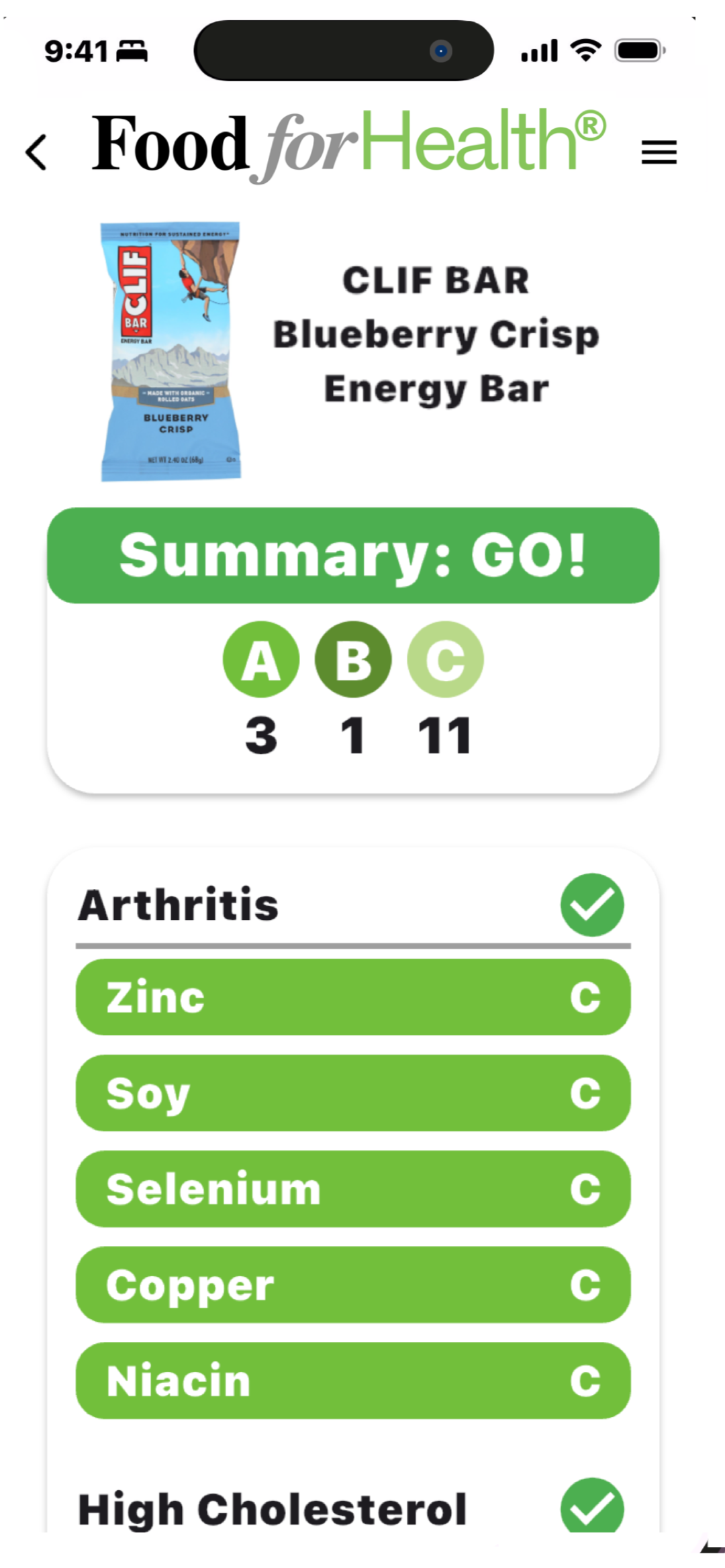 Recommended food result screen