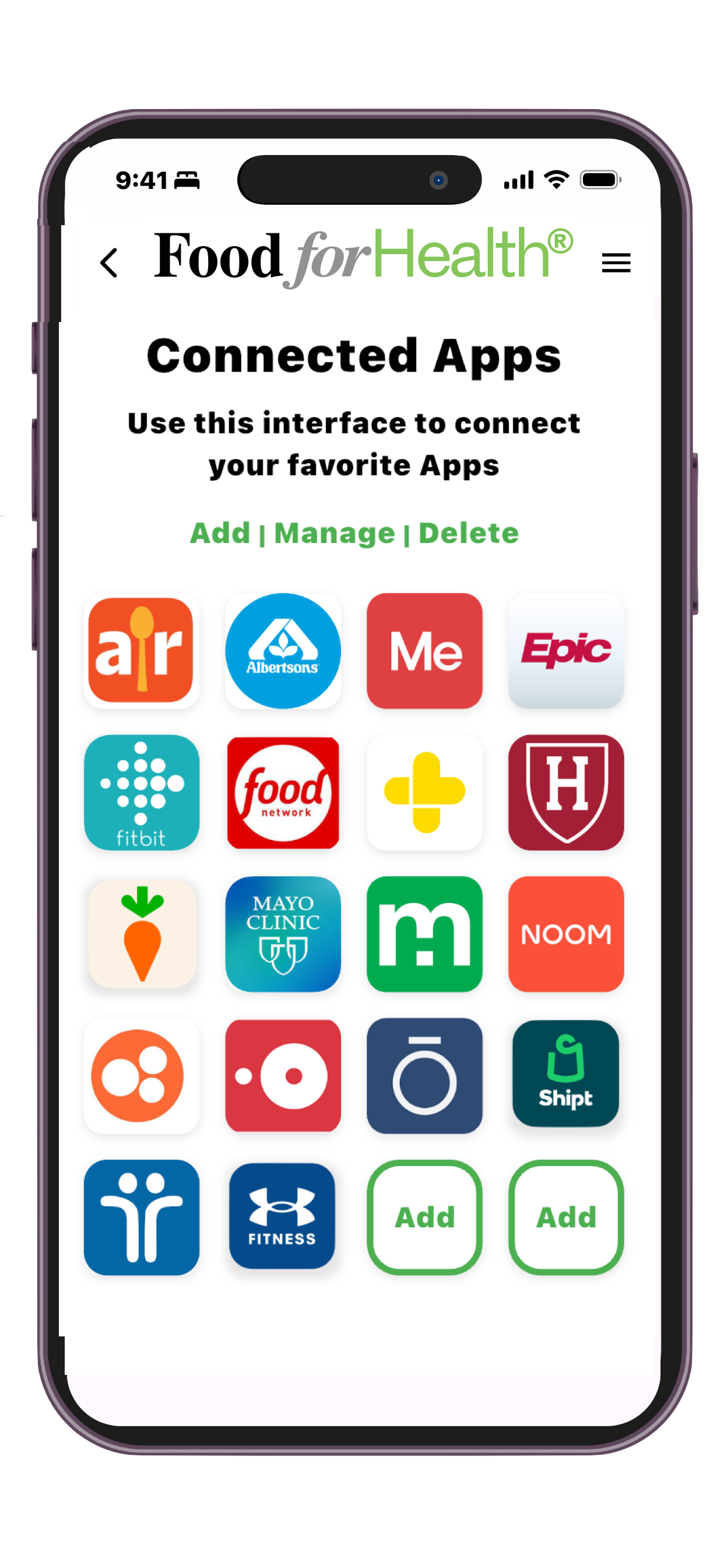 Food for Health connected apps screen