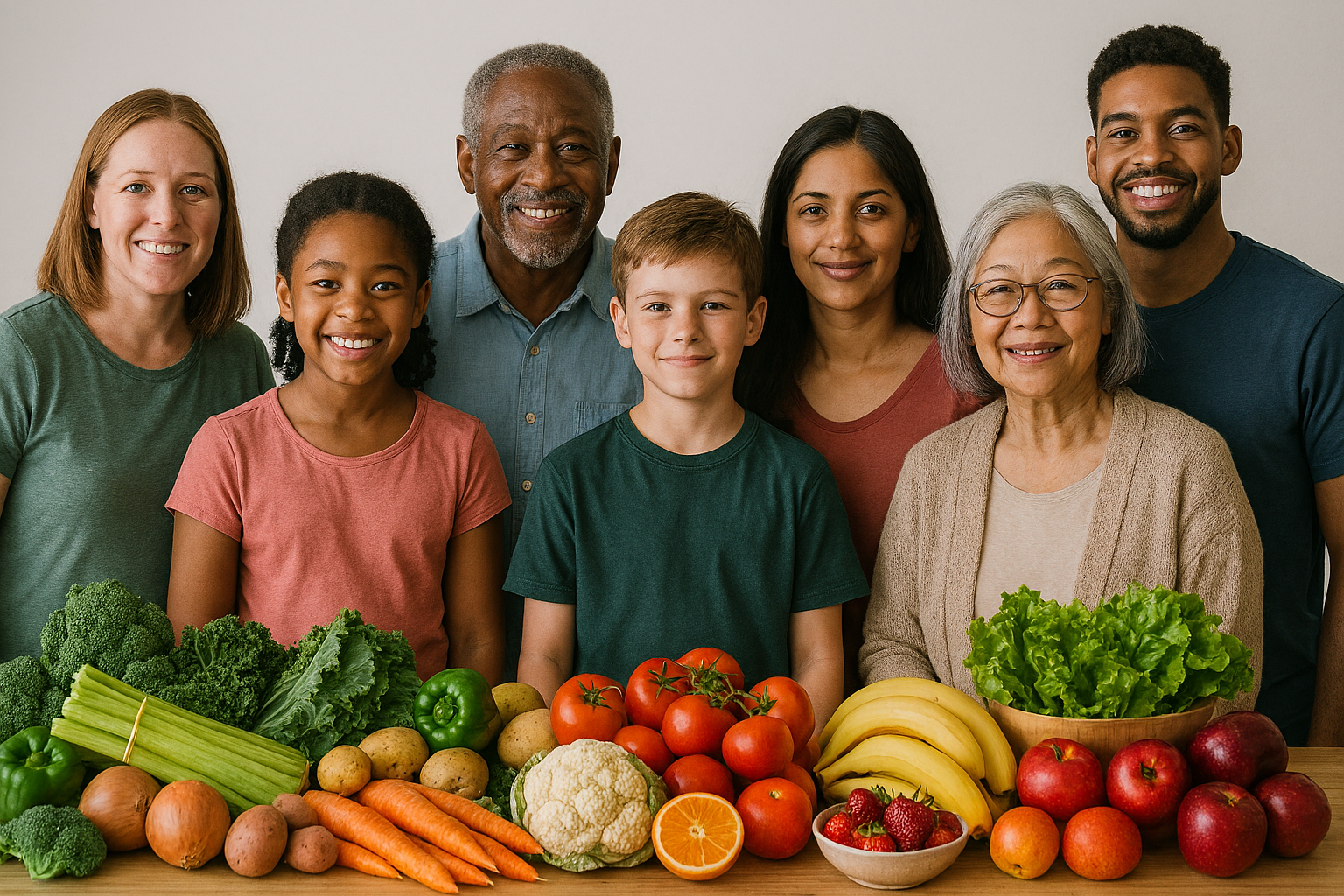 Diverse group of people including white, black, brown, and Asian individuals of all ages - men, women, children, and seniors - facing the viewer with an abundance of fresh healthy foods including fruits, vegetables, and nutritious options representing food security, health equity, and universal access to nutrition