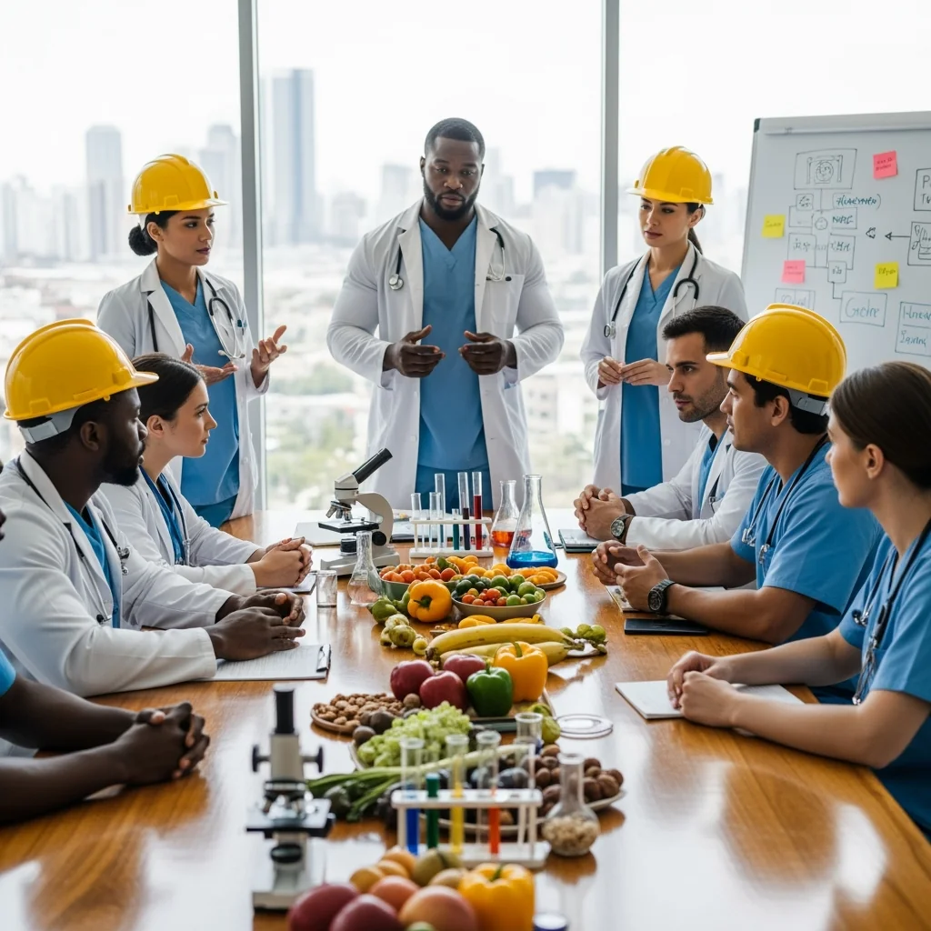 Medical professionals including doctors and nurses in a clinical meeting discussing patient safety with healthy food and laboratory equipment on the table