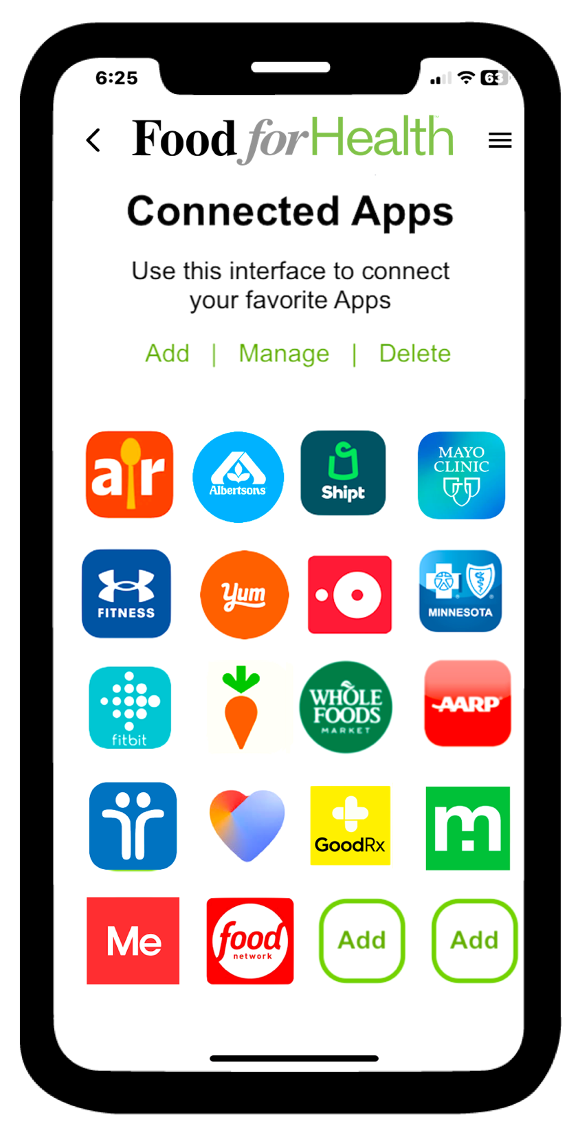 Food for Health X Connected Page App interface showing integrated health and wellness applications with modern design and connectivity features
