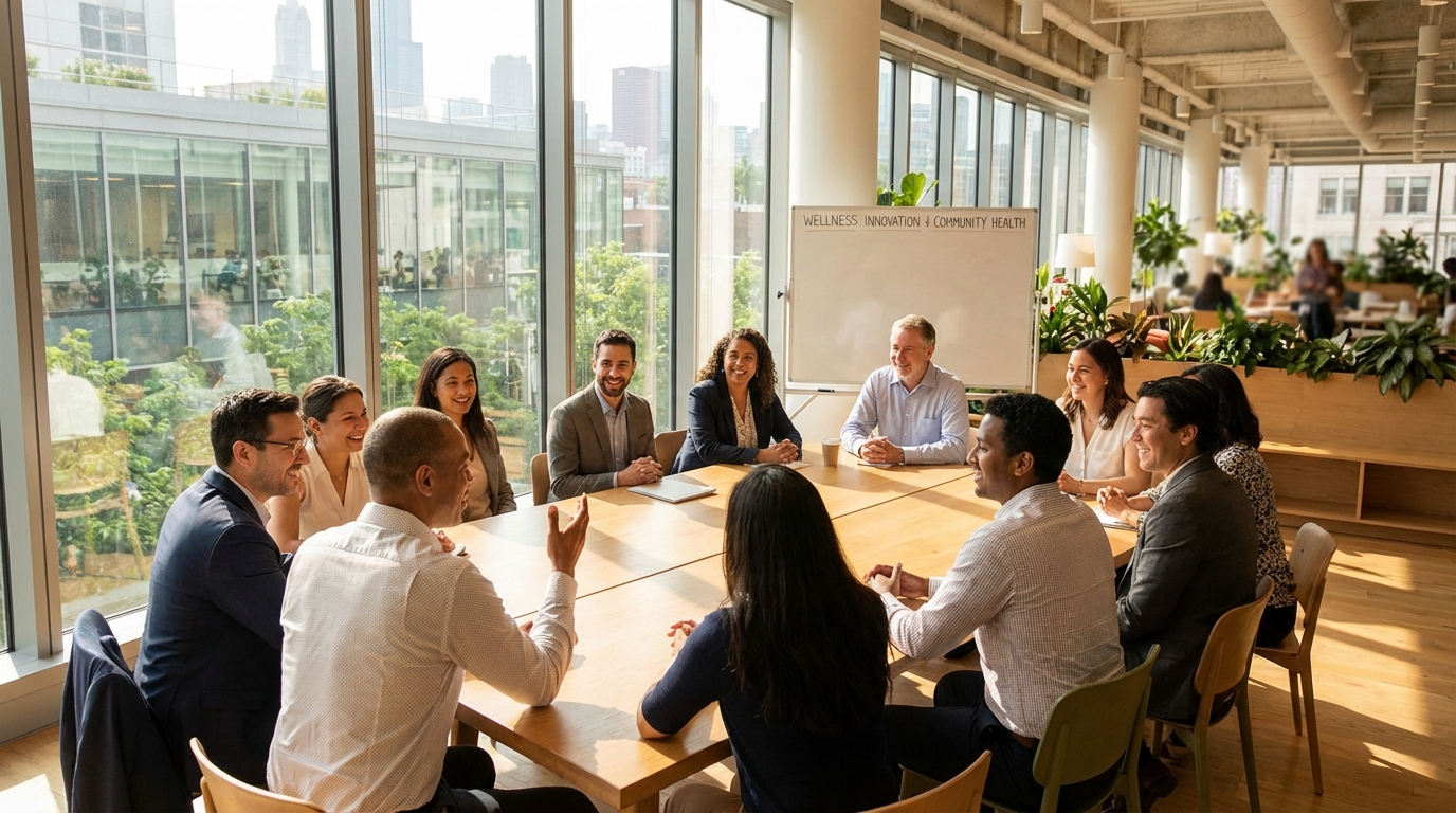 Team collaborating in modern wellness workspace