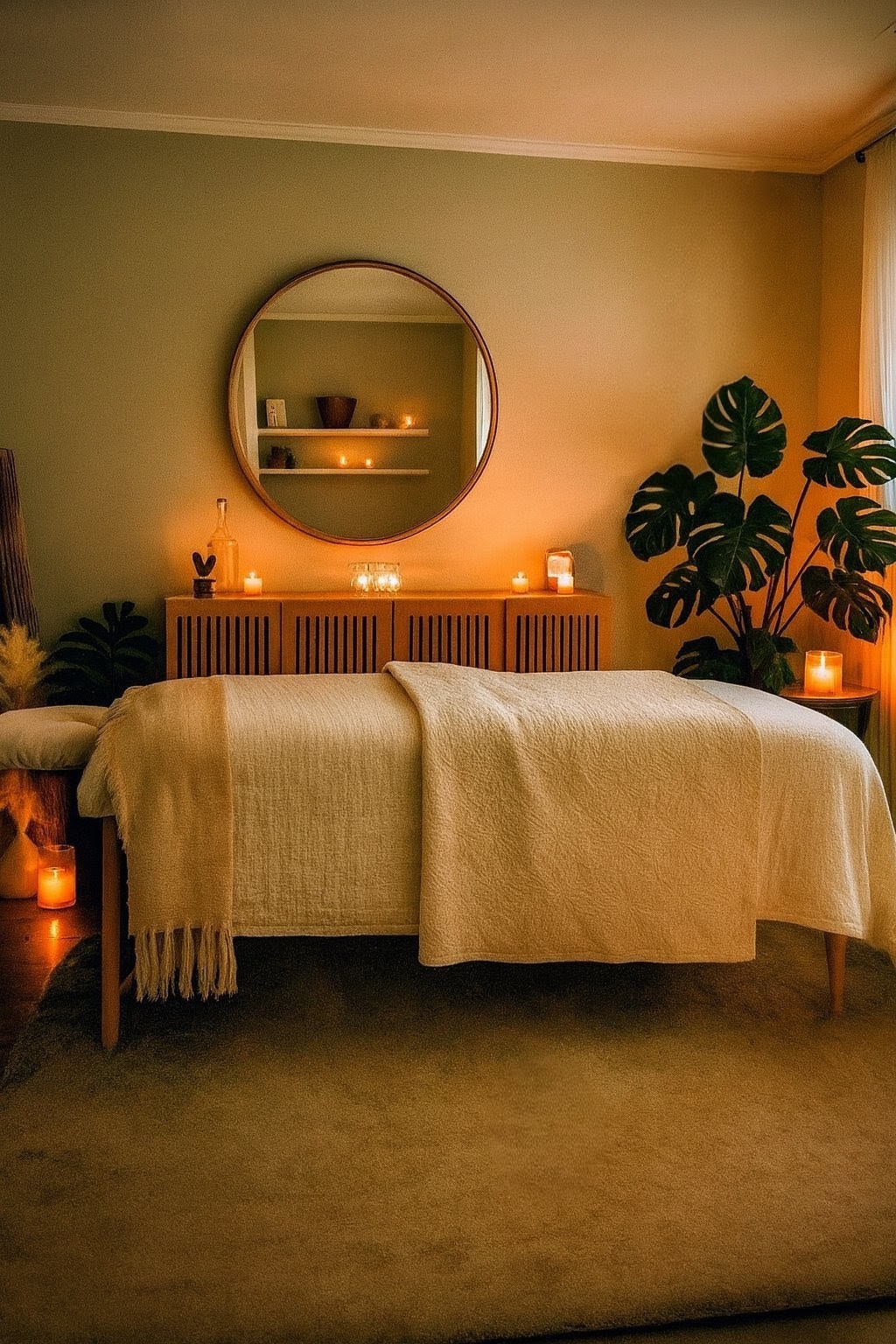 Tranquil Kintsugi Wellness studio with warm lighting, tatami mats, bamboo, and Zen rock garden creating a peaceful healing environment