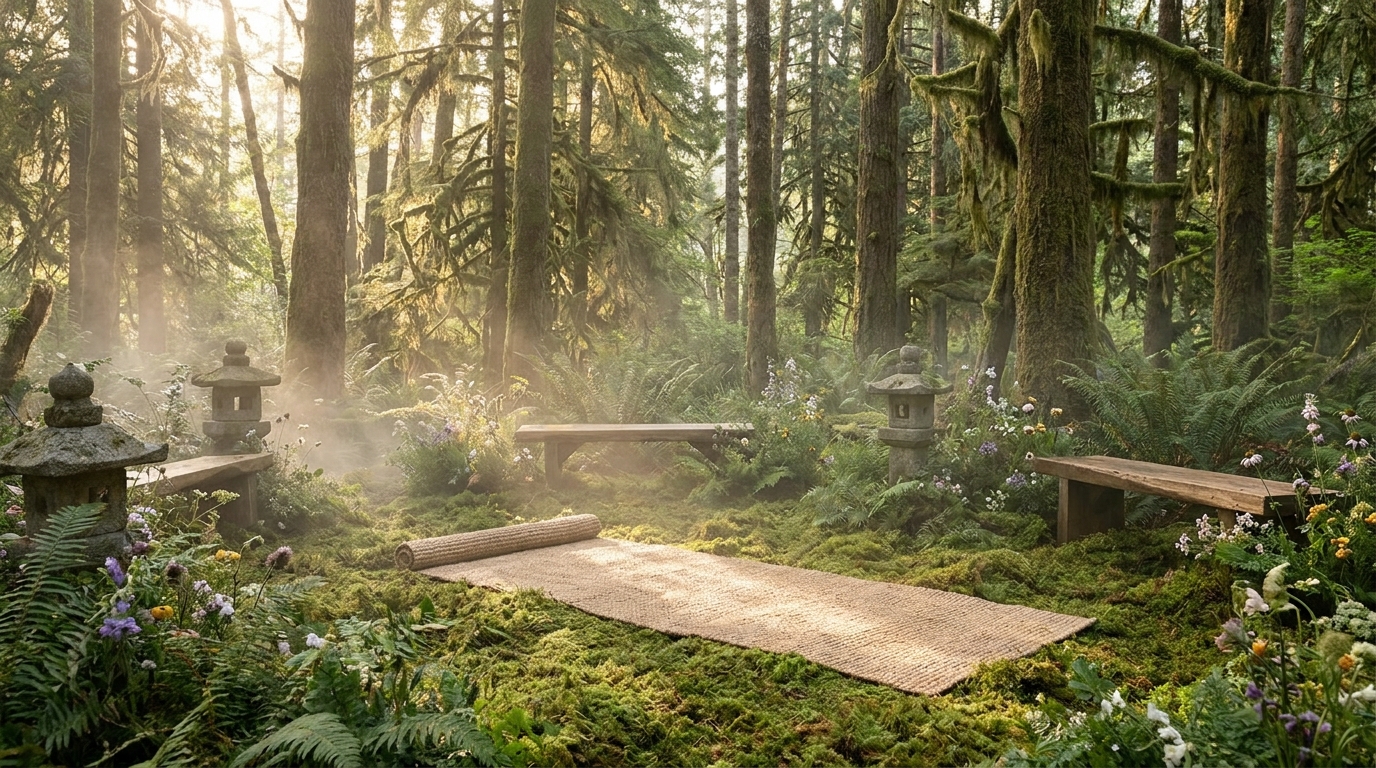 A yoga mat in a misty forest sanctuary — Kintsugi Wellness, Newburyport, MA